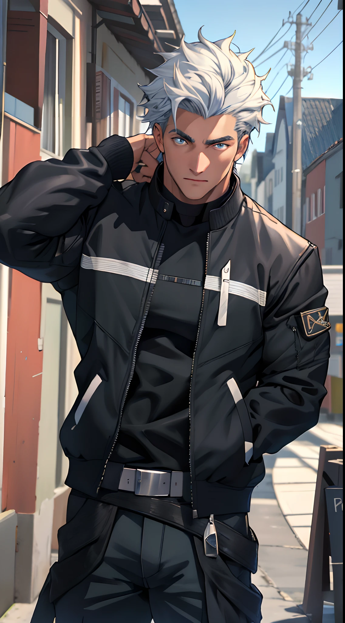 (Black knight jacket:1.1), (Masterpiece, Best quality, male people， musculous，Beautiful face, 8K, RAW photo, Photorealistic, absurderes:1.2), Teens, Cowboy shot, Dutch angle, facelight, filmgrain, color difference, A high resolution, Ultra detailed, finedetail,, Detailed skins、Eyes and face, Sharp pupils, Realistic pupils, Sharp focus, street