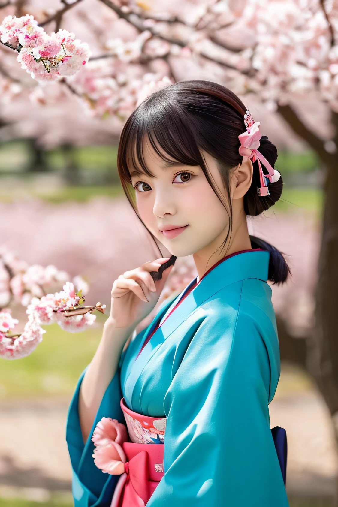 Cute Kind-eyed Japan High School Girl Kimono Under the Cherry Tree