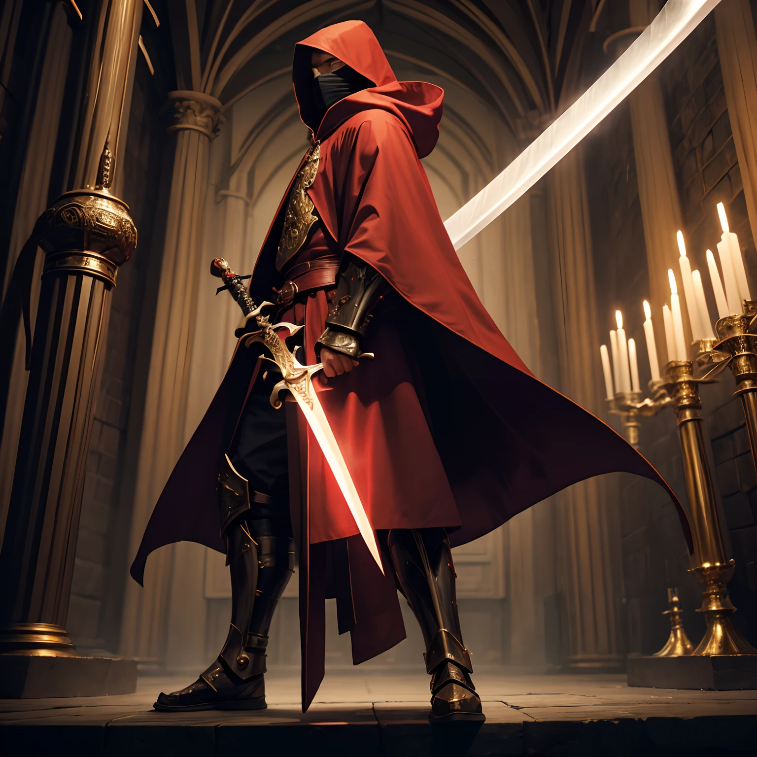 full body low angle shot of an intimidating male holy warrior with cloak with hood in gold red and white clothes using a two handed great sword, man, ritualistic mask, long coat, black eyes, low angle, highly detailed, masked