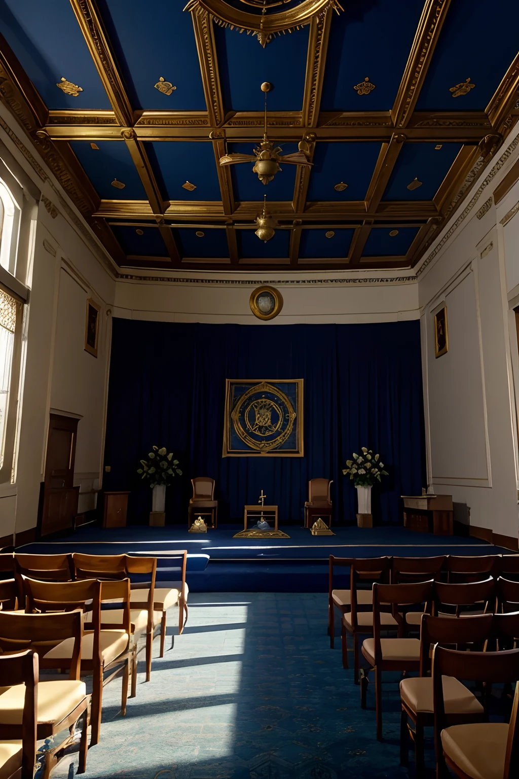 arafed view of a masonical room with a blue and gold altar cloth, masonic lodge, inspired by Cedric Seaut (Keos Masons), by Cedric Seaut (Keos Masons), masonic symbols, by Keos Masons, freemasons, masonic, view from front, masonic art, royal style court room, chamber, inside a grand, inspired by Keos Masons, blue sky ceiling,