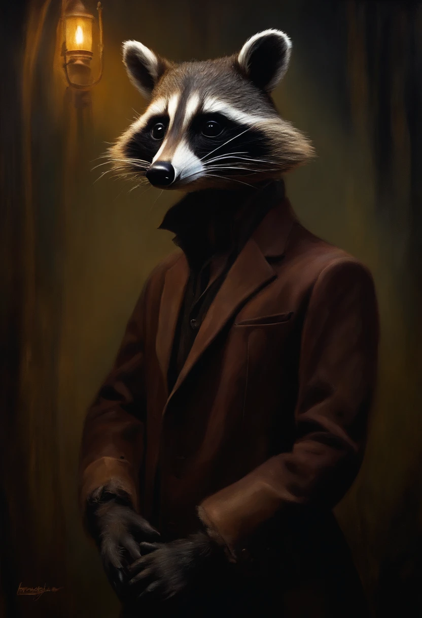 modern oil painting of a faceless puppet, horror, dark colors, creepy,epic scenes ,shock horror art, with saw on hand, anthropomorphic raccoon (Furry)