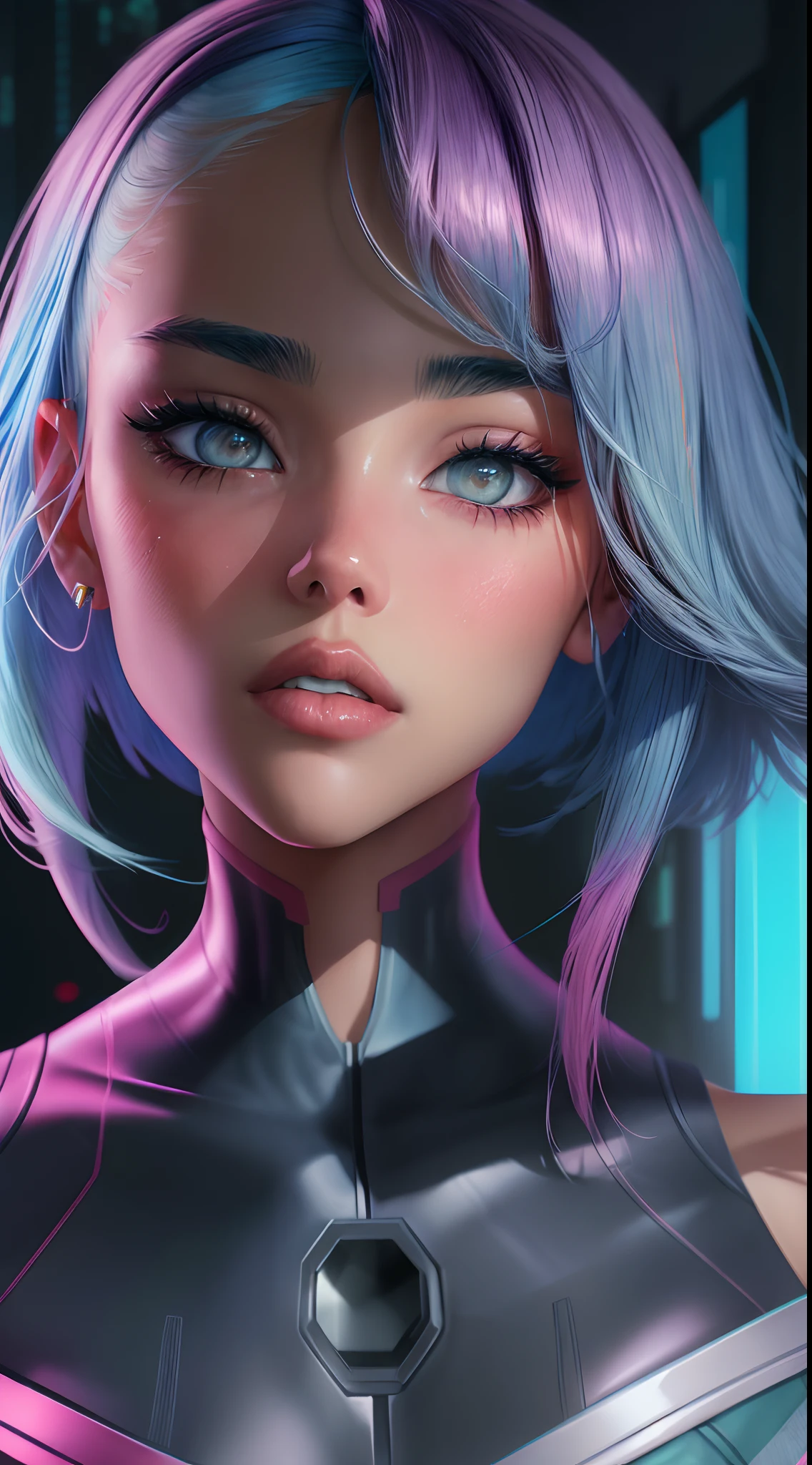 ((hyper realism)), ((madison beer face)), (madisonbeer-smf::1.4), fisheye photo, lucy \(cyberpunk::1.4\), 1girl, (((tilted head))), ((closeup upper body photo)), perfect model face, oval face, sharp chin, sharp small nose, glossy nose tip, glossy blush cheeks, (((emberressed blushing face expression))), ((eye bags)), bangs, cleavage, blue hair, colored tips, grey eyes, jacket, long sleeves, looking at viewer, medium hair, face portrait, multicolored hair, thick thighs, big breasts, hair flying upwards, parted lips, parted bangs, eyes open, pink hair, portrait, red eyeliner, full glossy lips, solo, white jacket, cyberpunk \(series\), cyberpunk edgerunners