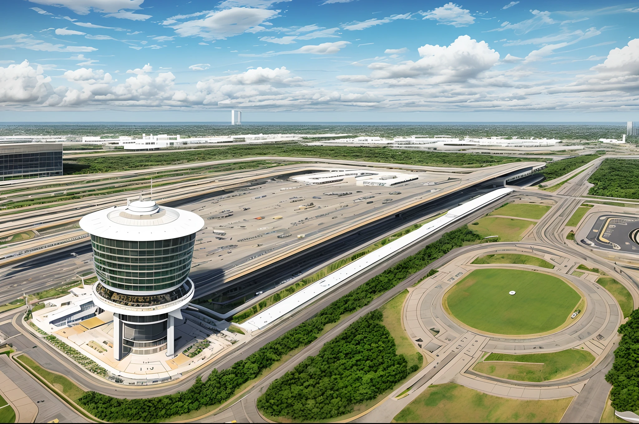 There is a large air traffic control tower in the middle of the parking lot, Terminal, airport, upper view, in future airport rooftop, a wide full shot, Super high resolution, professional, shenzhen, Overhead, A high resolution, hi - res, wonderful masterpiece, Round head, composite, rendering, beautiful high resolution, high quality image”, Masterpiece works of art