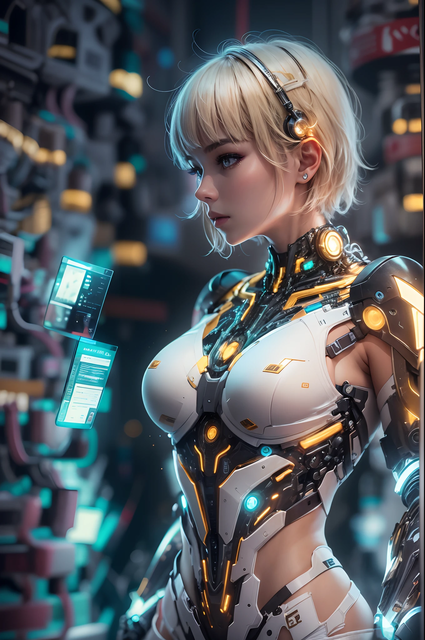 Beautiful cybernetic girl looking at camera underwear detailed muscles realistic masterpiece,Active Pose、action pose、LED Light、Gold Parts、bangs、Short Hair、back view、backs、White and black