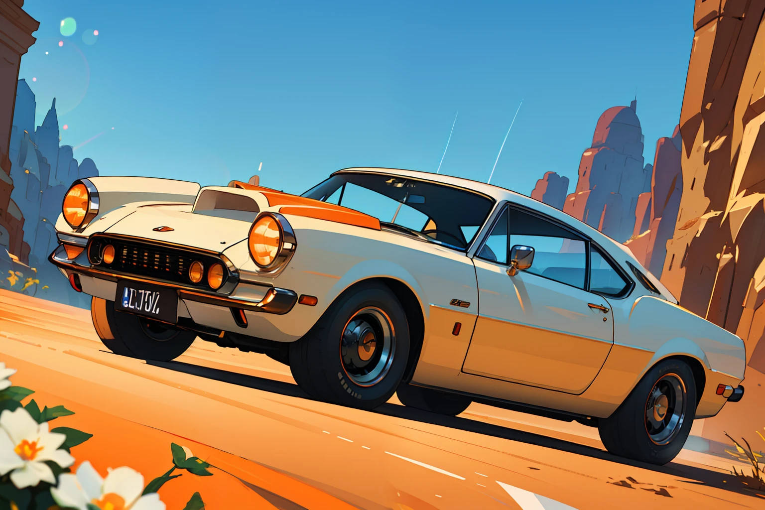 (masterpiece)+, (Best Quality)+, (Intricate Detail)+, design me the most beautiful car in the world, white paint with orange highlights, showroom concept, lens flare, camera artefact, professional photographer, 4k, HDR, longitudinal symmetry
