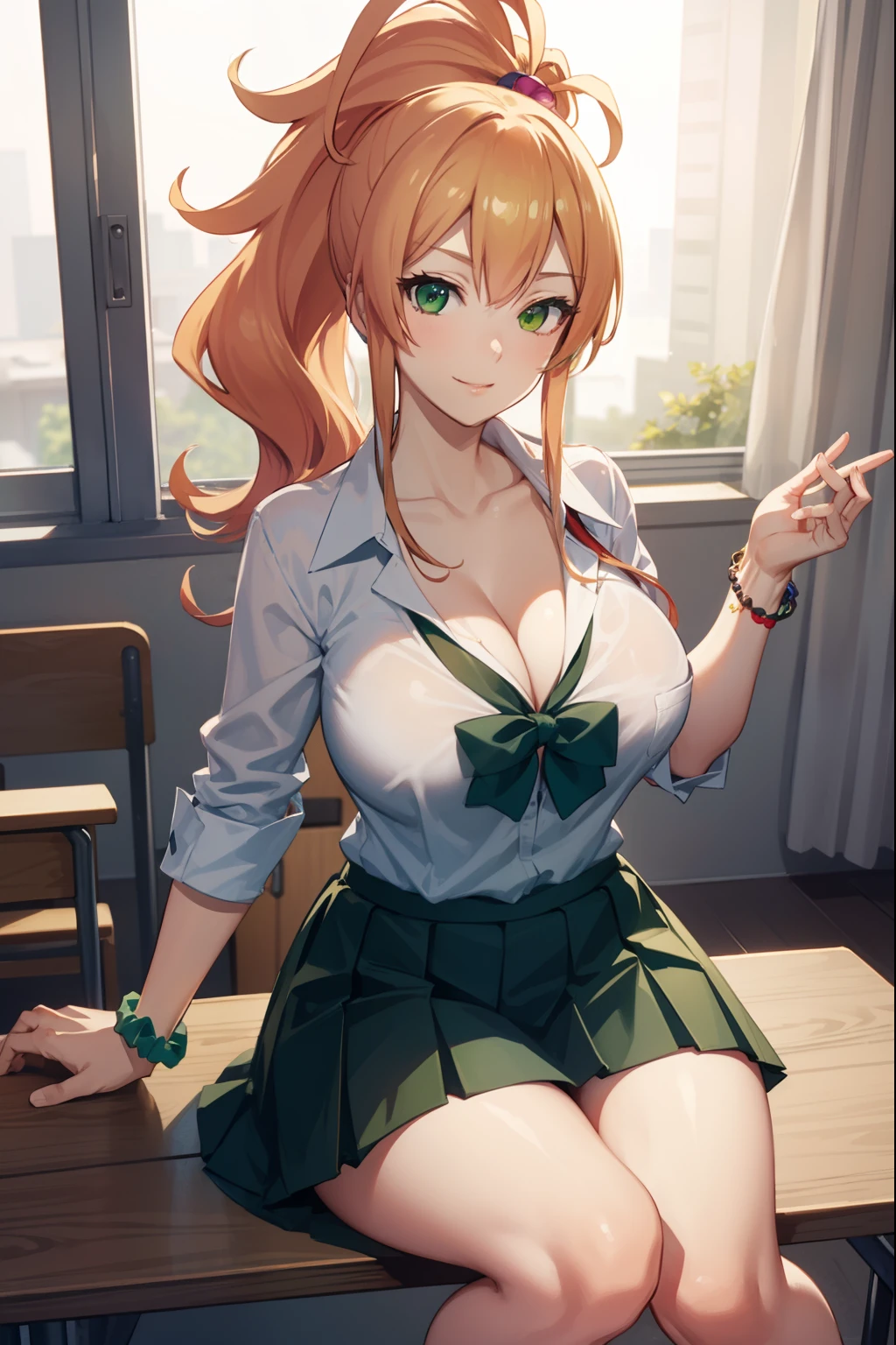 Huge tits, smile, cleavage, upperbody, yukanayame, yukana yame, long hair, bangs, blonde hair, hair between eyes, (green eyes:1.5), ponytail, multicolored hair, scrunchie, high ponytail, lipstick, gyaru, kogal, makeup, red bowtie,
BREAK skirt, shirt, jewelry, school uniform, collarbone, white shirt, pleated skirt, collared shirt, miniskirt, bracelet, green skirt,
BREAK looking at viewer, full body,
BREAK indoors, classroom,
BREAK (masterpiece:1.2), best quality, high resolution, unity 8k wallpaper, (illustration:0.8), (beautiful detailed eyes:1.6), extremely detailed face, perfect lighting, extremely detailed CG, (perfect hands, perfect anatomy),