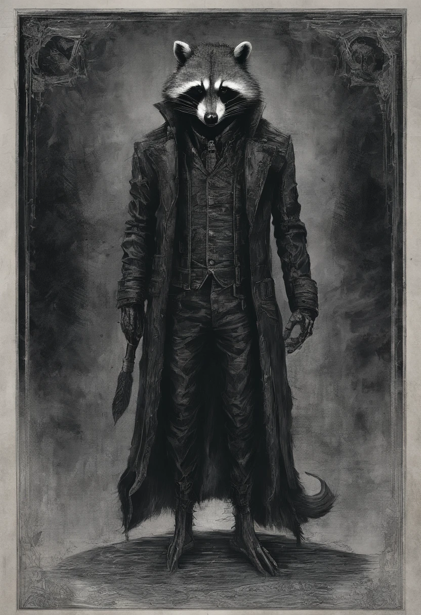 ah high, gaunt, broad-shouldered anthropomorphic Raccoon (Furry). Black head and muzzle. Human eyes, steely gray and shine ominously. Black, hairlong, slicked back and braided into a pigtail. Wears dark, Stylistic, long coat. A sense of gloom and sinister presence is conveyed. red eyes. bloody
