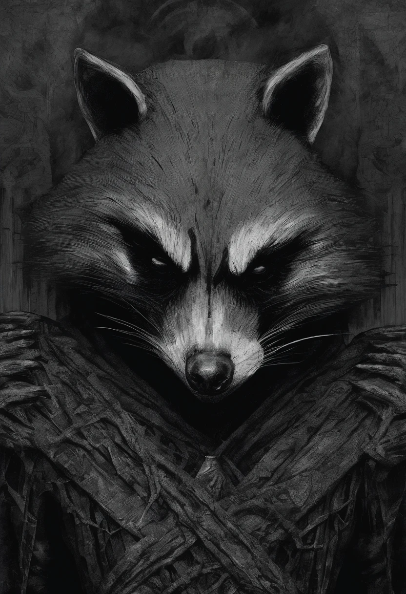 ah high, gaunt, broad-shouldered anthropomorphic Raccoon (Furry). Black head and muzzle. Human eyes, steely gray and shine ominously. Black, hairlong, slicked back and braided into a pigtail. Wears dark, Stylistic, long coat. A sense of gloom and sinister presence is conveyed. red eyes. bloody
