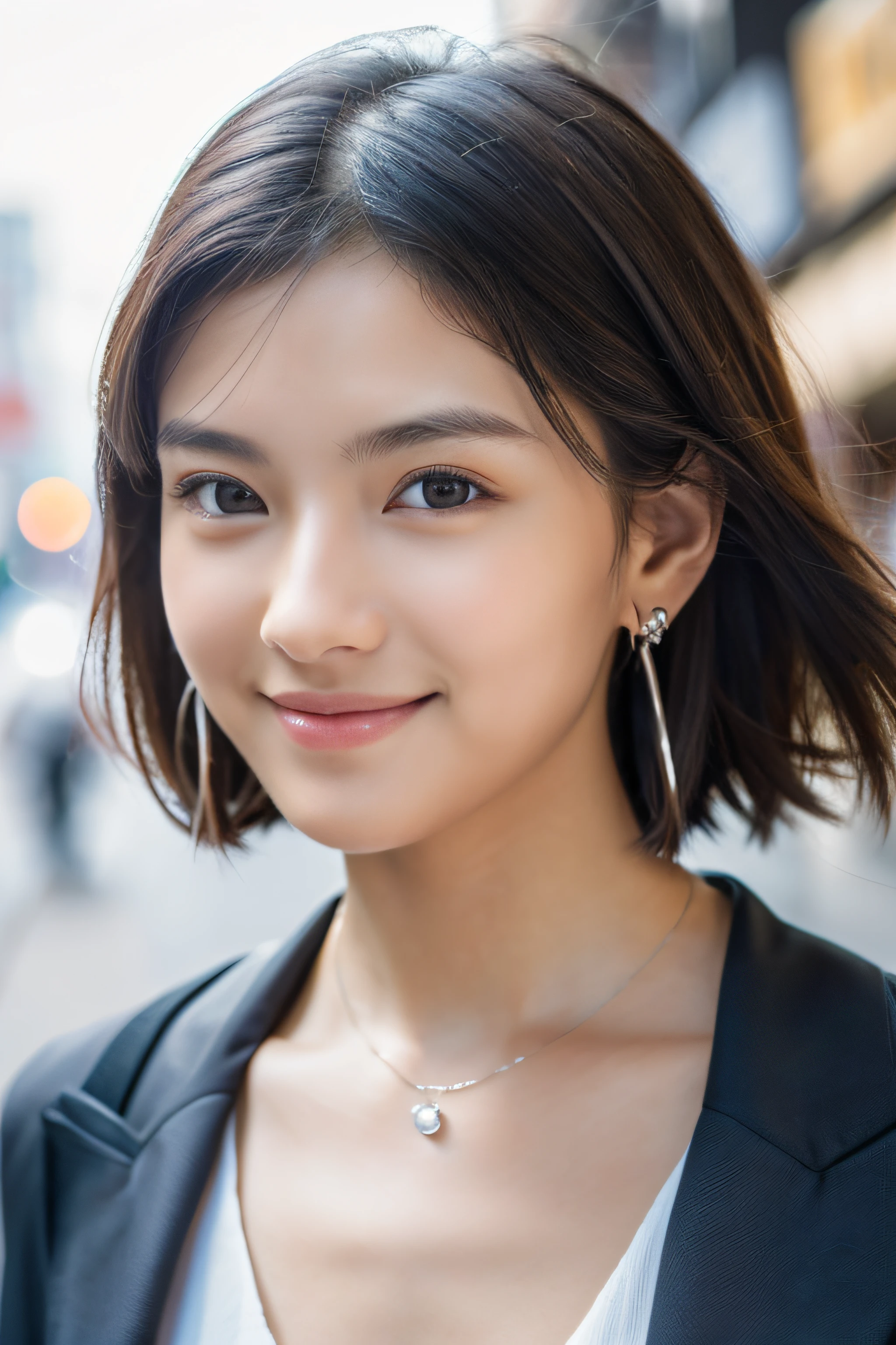 (8K, top-quality, masterpiece:1.3, 超A high resolution, A hyper-realistic), High Detail, (Face like the real thing), Photorealsitic, Raw foto, ((one beautiful women)), 22year old, Detailed face, beautidful eyes, realisticeyes, Eyes in Beautiful Details, (real looking skin), Beautiful skins, enticing, depth of fields, hight resolution, High pixel count, clear details, sharp photo, Natural color reproduction, Noise Reduction, High fidelity, quality, Software Updates, Optimized algorithms, the city street, suits, doress, opened white shirt, perfect bodies, face perfect, perfect chest, small tits, Faint lips, wetting hair, (See the viewer's eyes), a smile, Beautiful skins, enticing, the golden ratio, (Detal Face:1.2), japanes,japanaese girl, Small necklace, small earring, Thin Silver Necklace, Thin silver earrings, simple background