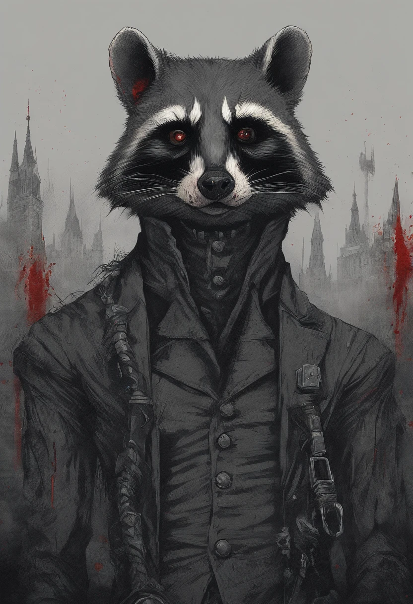 ah high, gaunt, broad-shouldered anthropomorphic Raccoon (Furry). Black head and muzzle. Human eyes, steely gray and shine ominously. Black, hairlong, slicked back and braided into a pigtail. Wears dark, Stylistic, long coat. A sense of gloom and sinister presence is conveyed. red eyes. bloody