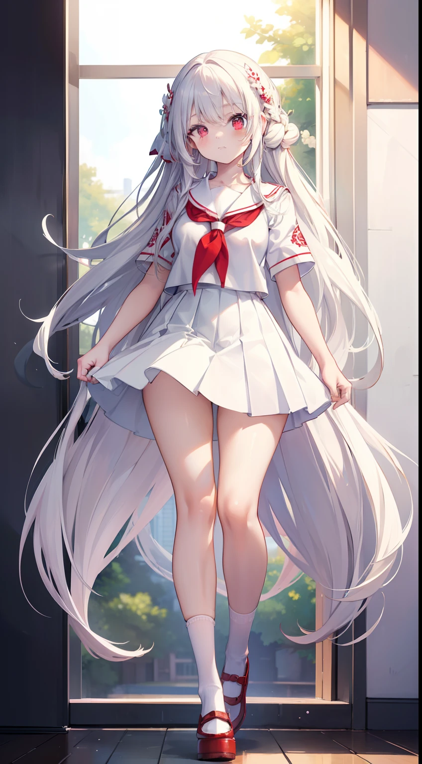 (((masterpiece))), best quality, illustration, (()), light white long hair, beautiful detailed red eyes, ((white serafuku)), short sleeve, (((cute))), ((cute face)), full body, solo focus, standing, happy, medium breasts, thick legs, thick thighs, young woman's face