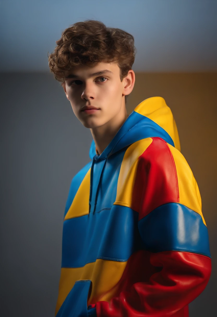 a 17-year-old boy,red, yellow and blue PVC sweatshirt,light gray solid background,(best quality,4k,8k,highres,masterpiece:1.2),ultra-detailed,(realistic,photorealistic,photo-realistic:1.37),portraits,vivid colors,studio lighting