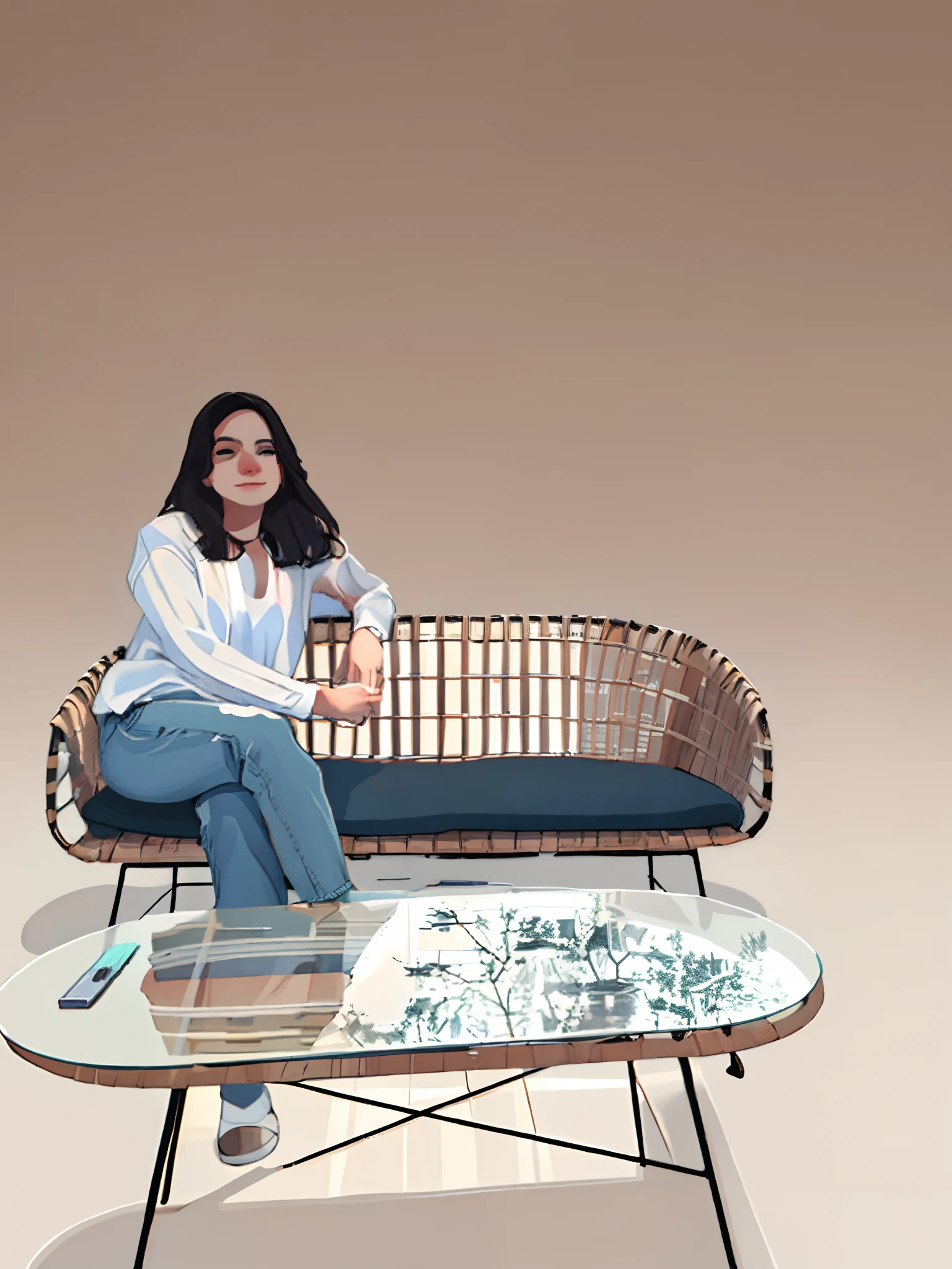 (masterpiece:1.2),illustration,lineart,texture,woman sitting on a wicker couch,white shirt and jeans,glass table,warm color palette,soft lighting,detailed pencil strokes,delicate outlines,distinct shadows,subtle shading,impeccable attention to detail,highly realistic,artistic touches,vibrant and lifelike rendering,professional-level skill,colorful and textured background,warm and inviting atmosphere,peaceful and relaxed expression,sophisticated and elegant aesthetics.