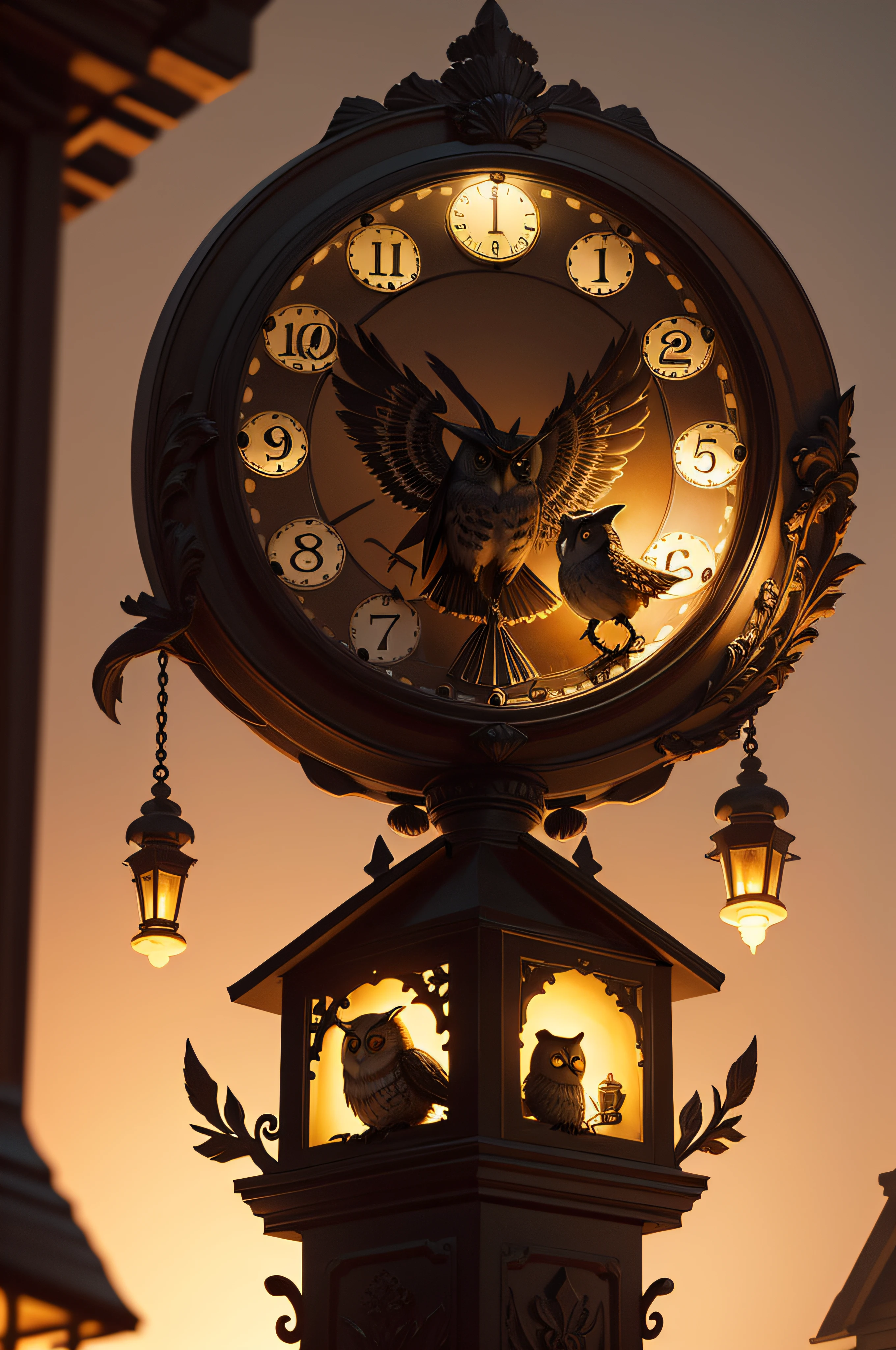 night scene, a "cuckoo clock" in the shape of an owl observed by a small owl. Design style Erlé ironwork