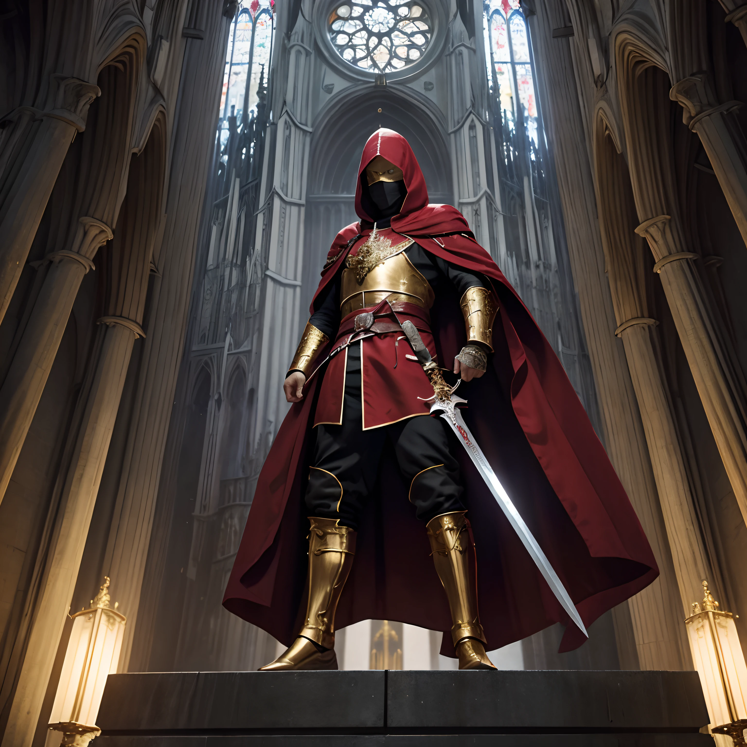 full body low angle shot of an intimidating male holy warrior with cloak with hood in gold red and white clothes wielding a two-handed greatsword standing on top of a cathedral tower, man, ritualistic mask, long coat, black eyes, low angle, highly detailed, masked