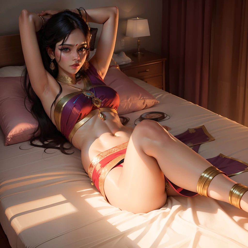 In saree, lying on bed, legs spread, centred