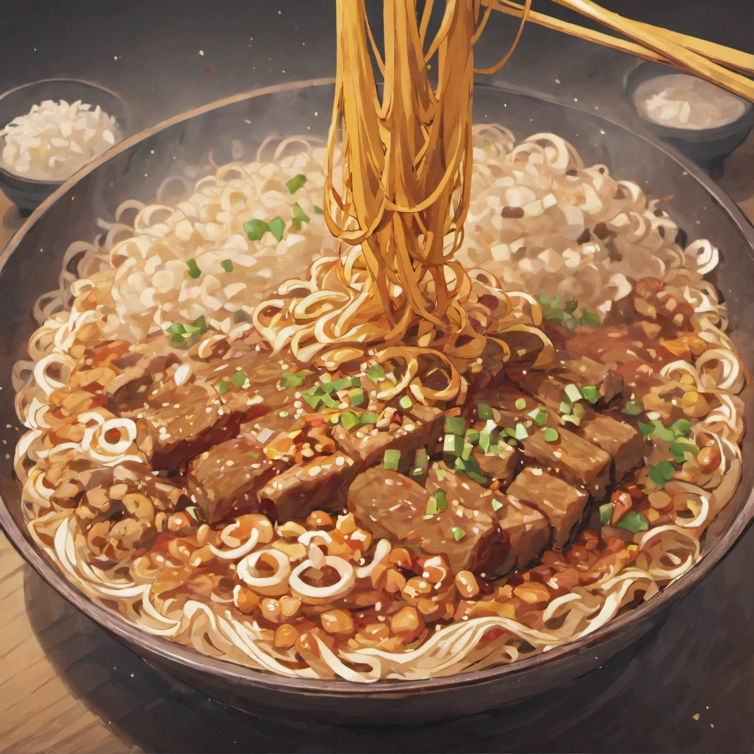 Delicious and tempting rice noodles，Fresh chili red oil is abundant，The aroma is overflowing，The beef is delicious and delicious，The green onion has a strong flavor，The sauerkraut is crispy and delicious，Peanut rice has a delicate taste，Tofu has a good aftertaste，The noodles picked up by chopsticks are fragrant，Vector illustration of a bowl of delicious Chinese rice noodles，Round rice noodles with blank background No clutter next to it There is beef inside,Lots of peppers，Super red oil, peanut rice, chopped green onion, sauerkraut, chopsticks to pick up rice noodles in a colorful animation stills style, sci fi anime, Dark red and dark amber, Qian Xuan, organic sculpting, accurate and detailed, Anime core ,32k ULTRAHD, Best quality, Masterpiece, Super detail, High thin