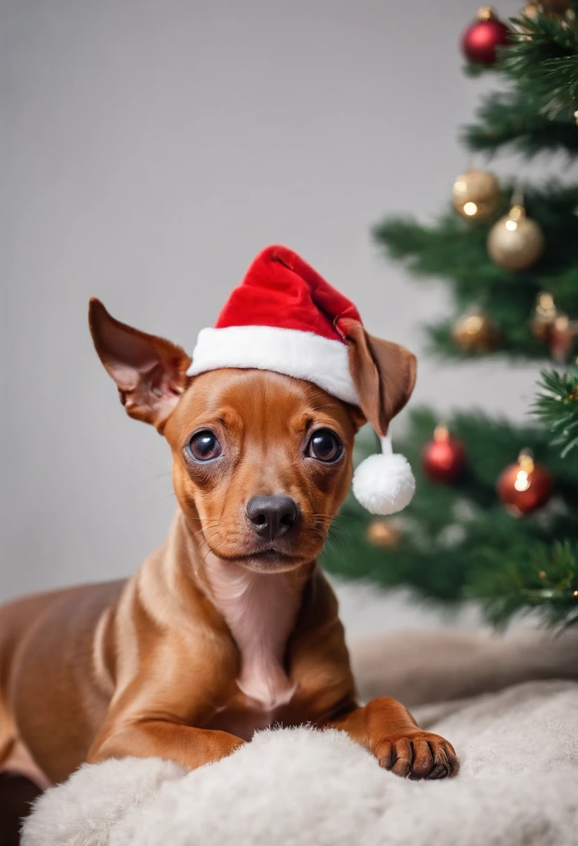 Cachorro pinscher caramelo, Black-eyed and with a little Santa Claus hat and background with a well-lit Christmas tree.