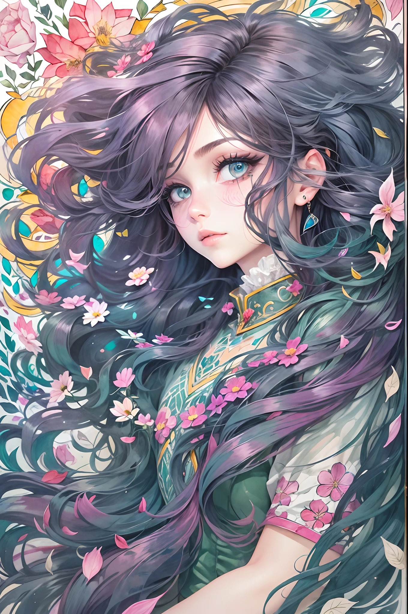 tide play,luxray, split color hair, wind, flying petals, stainedglassai, ornamental, intricate details, dufkova, 2d, lineart, watercolor, ink watercolor, random color hair, super long hair, wavy, 1girl,alraune,flower, alraune,