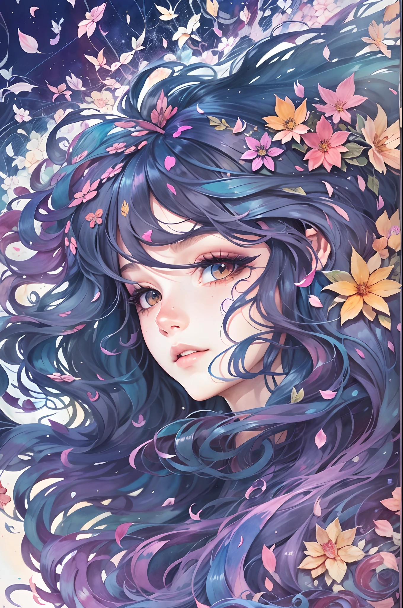 tide play,luxray, split color hair, wind, flying petals, stainedglassai, ornamental, intricate details, dufkova, 2d, lineart, watercolor, ink watercolor, random color hair, super long hair, wavy, 1girl,alraune,flower, alraune,