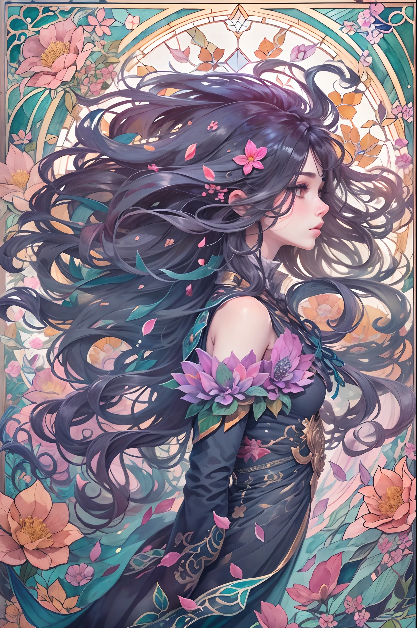 tide play,luxray, split color hair, wind, flying petals, stainedglassai, ornamental, intricate details, dufkova, 2d, lineart, watercolor, ink watercolor, random color hair, super long hair, wavy, 1girl,alraune,flower, alraune,
