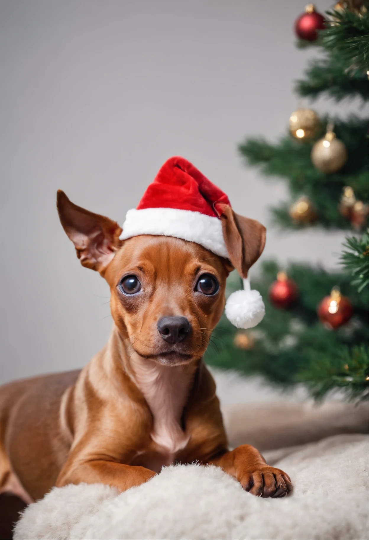Cachorro pinscher caramelo, Black-eyed and with a little Santa Claus hat and background with a well-lit Christmas tree.