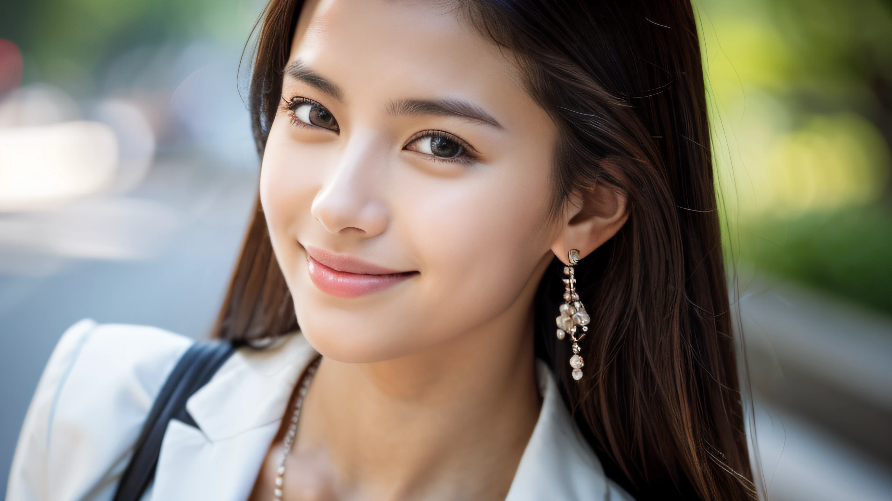 (8K, top-quality, masterpiece:1.3, 超A high resolution, A hyper-realistic), High Detail, (Face like the real thing), Photorealsitic, Raw foto, ((one beautiful women)), 22year old, Detailed face, beautidful eyes, realisticeyes, Eyes in Beautiful Details, (real looking skin), Beautiful skins, enticing, depth of fields, hight resolution, High pixel count, clear details, sharp photo, Natural color reproduction, Noise Reduction, High fidelity, quality, Software Updates, Optimized algorithms, the city street, suits, doress, opened white shirt, perfect bodies, face perfect, perfect chest, small tits, Faint lips, wetting hair, (See the viewer's eyes), a smile, Beautiful skins, enticing, the golden ratio, (Detal Face:1.2), japanes,japanaese girl, Small necklace, small earring, Thin Silver Necklace, Thin silver earrings, simple background, The whole picture