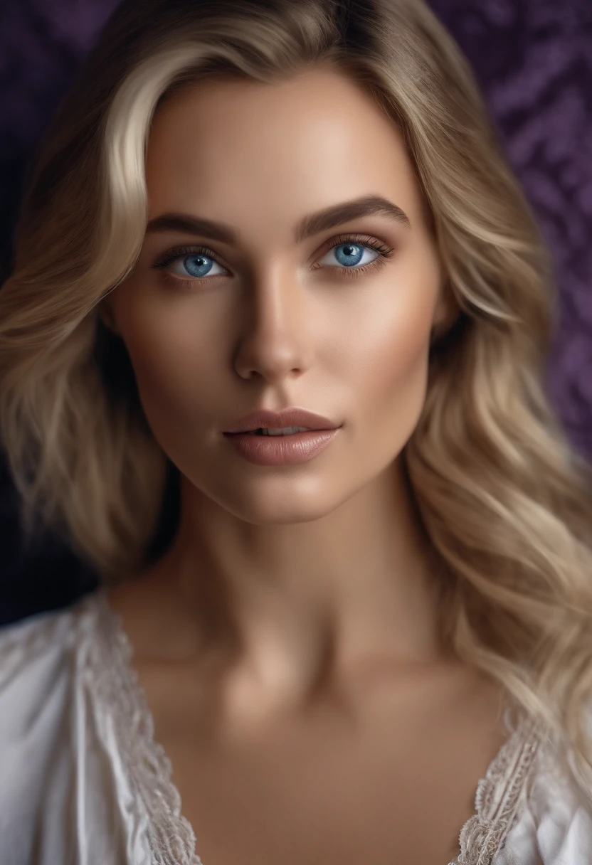 (best quality,ultra-detailed,highres,realistic:1.2), photorealistic portrait of a gorgeous Alaradian woman with captivating blue eyes and stunning detail, in the style of a masterpiece. Sophie Mude's face and features are portrayed exquisitely, showcasing her beautiful blonde hair, mesmerizing large eyes, and natural beauty. The portrait is a self-portrait of a young woman, taken in a bedroom setting. The vibrant violet color of the walls complements the subject's fair complexion and enhances the overall aesthetics of the image. The subject is not wearing any makeup, emphasizing her natural beauty. She is looking directly into the camera, exuding confidence and elegance. The composition of the portrait is carefully crafted, with the subject kneeling on the bed, creating a sense of intimacy and vulnerability. The bedroom is tastefully decorated, with art pieces in the background, adding a subtle artistic touch