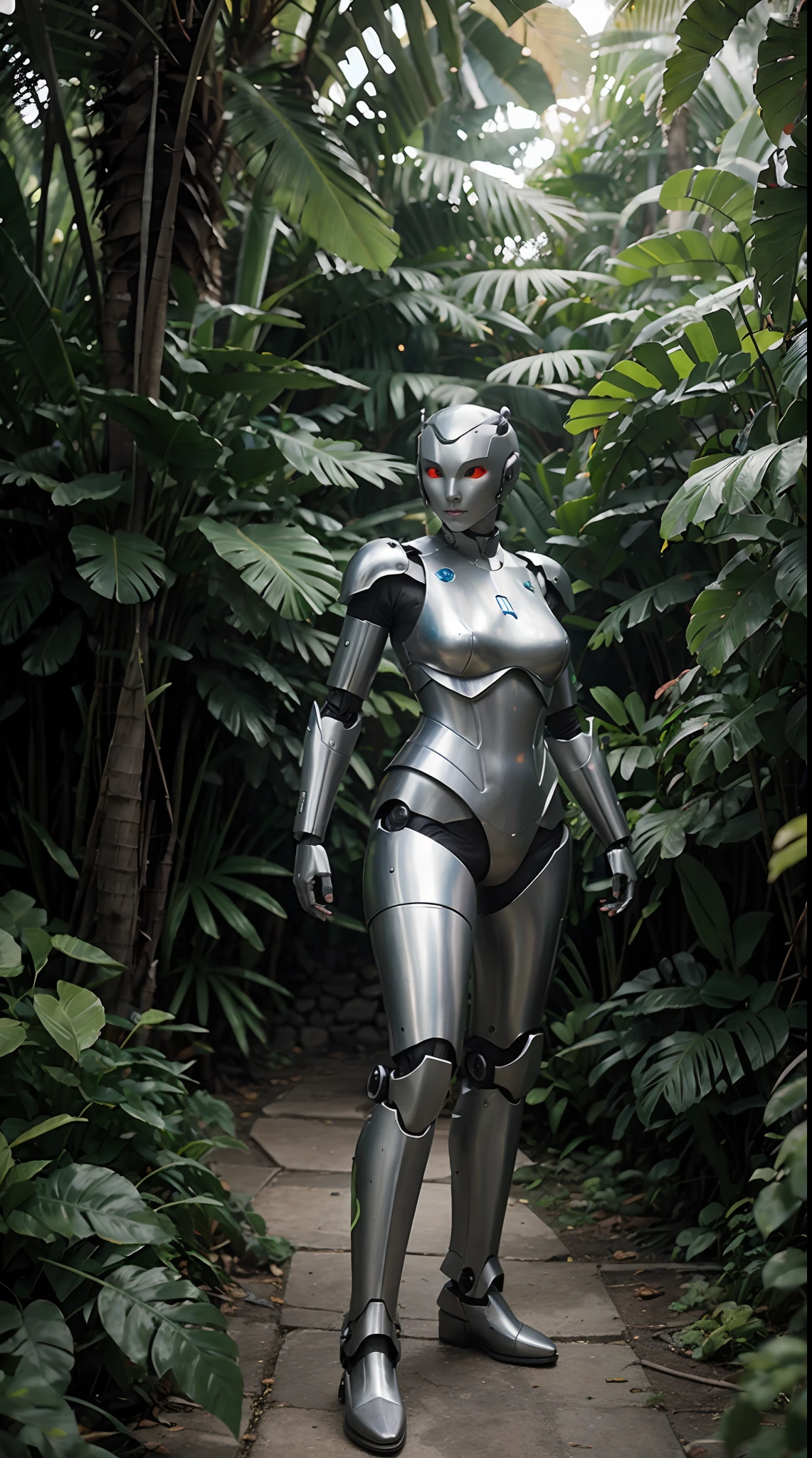 Futuristic robot carries a naked woman in its arms. The robot has a metal head with one central lenticular eye. The woman in the robot's arms is naked, has large breasts and long wet curly hair, and is hugging the robot. Rainforest in the background.