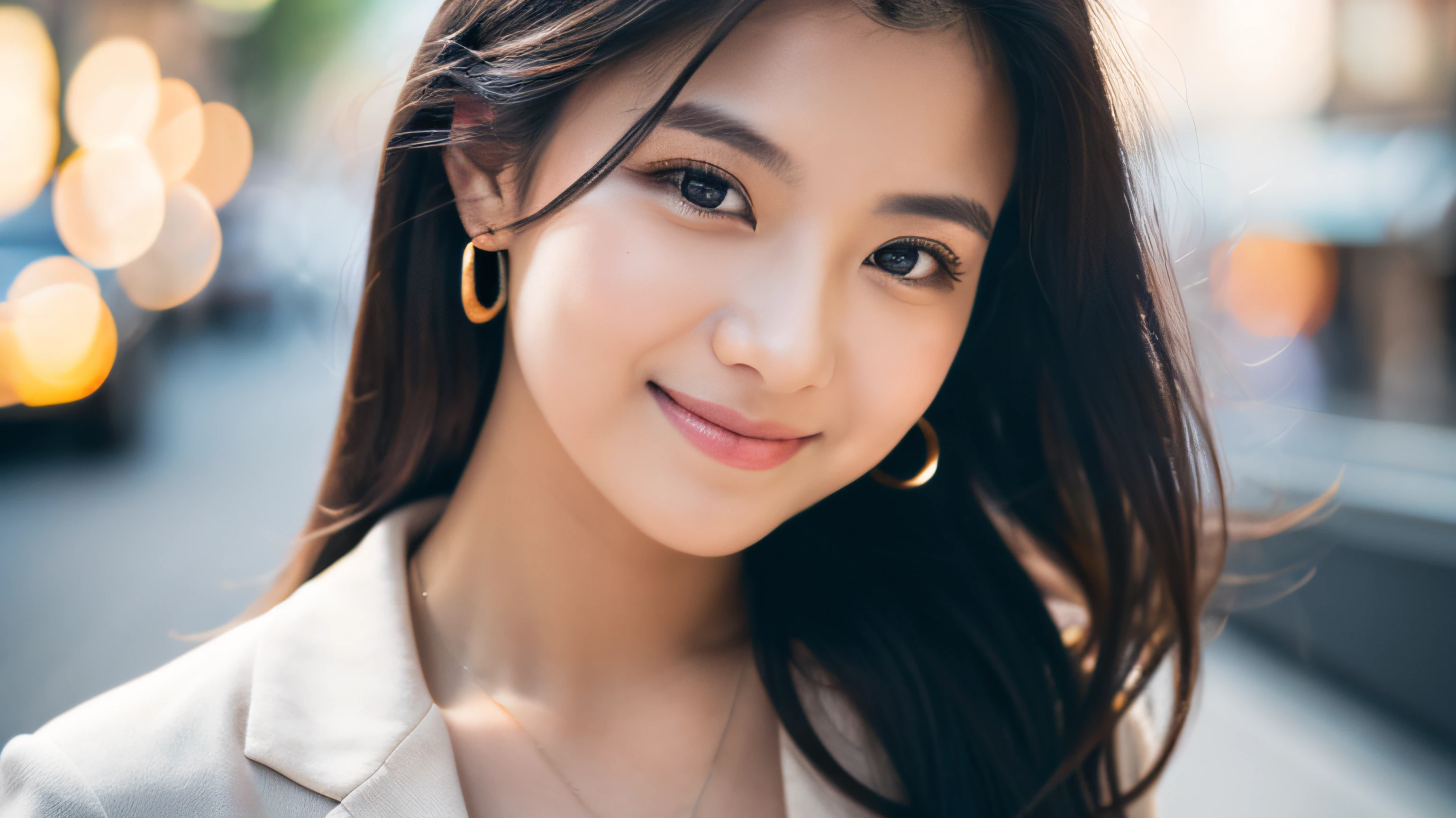 (8K, top-quality, masterpiece:1.3, 超A high resolution, A hyper-realistic), High Detail, (Face like the real thing), Photorealsitic, Raw foto, ((one beautiful women)), 22year old, Detailed face, beautidful eyes, realisticeyes, Eyes in Beautiful Details, (real looking skin), Beautiful skins, enticing, depth of fields, hight resolution, High pixel count, clear details, sharp photo, Natural color reproduction, Noise Reduction, High fidelity, quality, Software Updates, Optimized algorithms, the city street, suits, doress, opened white shirt, perfect bodies, face perfect, perfect chest, small tits, Faint lips, wetting hair, (See the viewer's eyes), a smile, Beautiful skins, enticing, the golden ratio, (Detal Face:1.2), japanes,japanaese girl, Small necklace, small earring, Thin Silver Necklace, Thin silver earrings, simple background, The whole picture, The whole picture is shown with a slight pull back