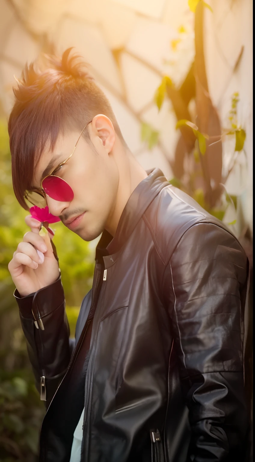 araffe man in a leather jacket and sunglasses holding a pink flower, with sunglass, modeling photography, profile pic, portait photo profile picture, mohamed chahin style, stylish pose, high quality portrait, with sunglasses, * colour splash *, casual photography, photoshoot, profile shot, high quality upload, profile photography, with a cool pose, male model, profile image