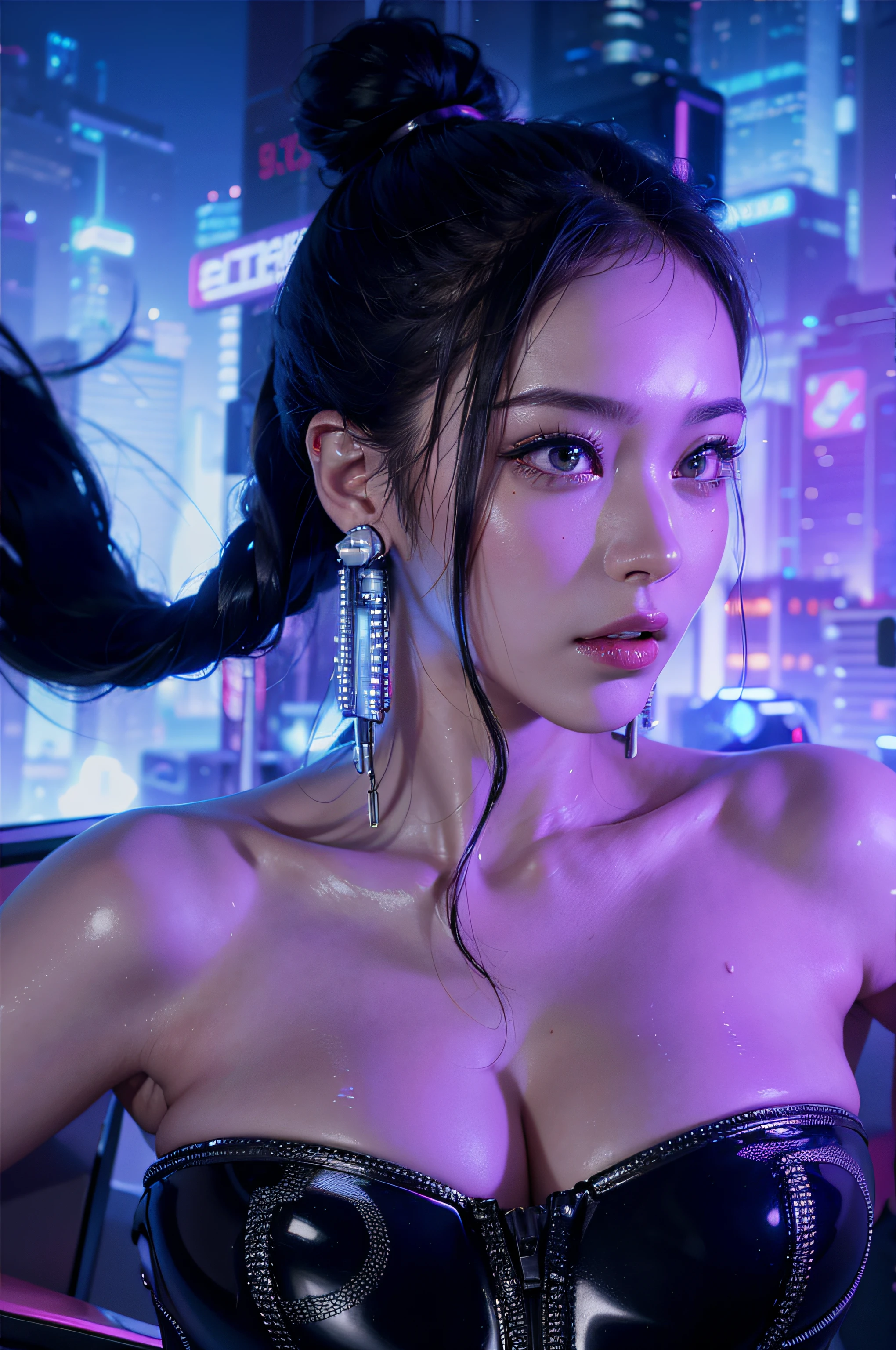 Best image quality, Masterpiece, Ultra-high resolution, (Fidelity:1.4), Photo,  Movie, ((cyber punk perssonage)), cyber outfit, Futuristic, ((Award-winning ultra-realistic photos))，（Hyper-detailing），（Complicated details），（High resolution CGI artwork 8k），a girl in，Futuristic cyberpunk living room/Bedrooms/kitchens/terrazzo，Detailed cyberpunk cityscape。Futuristic style，There are many colors and LED lights。The cityscape should be very detailed，depth of fields。Create depth with atmospheric lighting，Wide-angle lens showing rooms and windows。Use atmospheric and volumetric lighting to enhance cityscape detail。The room should be illuminated by the neon lights of the cityscape, Pastel textured colored background, Colourful, vibrant , (( strong hair's light:1,5 )) , (wet shiny skin:1,5 )