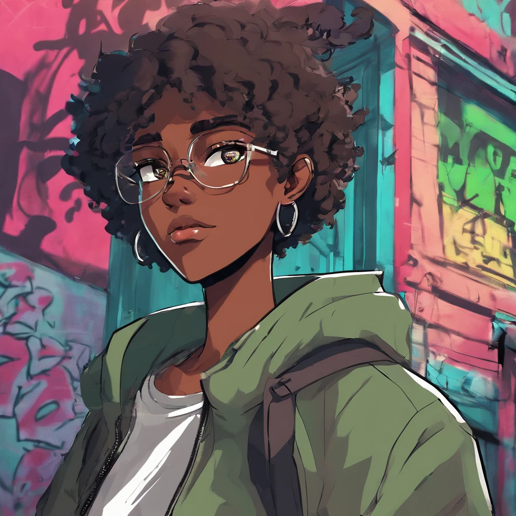 Dark-skinned age girl wearing medium-rimmed glasses, usava um descompactado, jaqueta verde brilhante com uma aba de bolso fechada em cada lado. Camisa preta de grife, e um colar de cruz. Gatilho Estilo de Arte de Anime, [[[[smiling smugly]]]], retrato de ((travesso)), , personagem de anime masculino, jovem homem de anime, inspirado em Miguel de Tekken, Tall anime guy with steel blue eyes, luvas sem dedos, Urban streets with graffiti on walls, desvanecimento hi-top