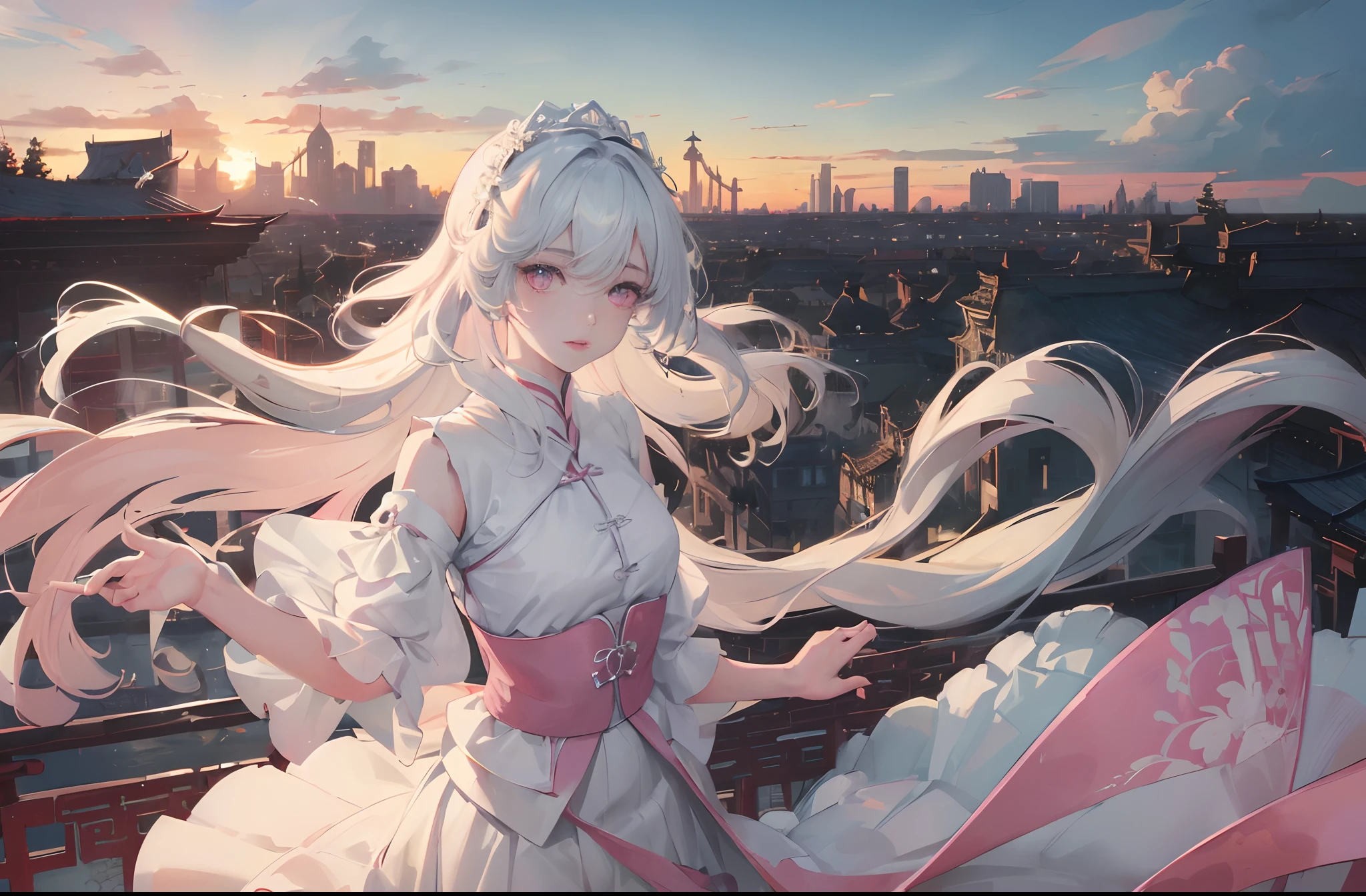 offcial art,tmasterpiece, sharp-focus,(Beautiful gorgeous cute girl:1.3),Poetic makeup,Delicate and beautiful hair and eyes and face,Ultra detailed, cute female child, Sky at sunset, Luminous white particles, (side-lighting:1.2), sun light, White cloud, Detailed clouds, Slender, Vivid expressions,(Cityscape:1.7),Ancient architecture in Chinese style,Dynamic hair texture,long whitr hair,Delicate white hair,beautiful red eye, Blue-cyan pleated shirt ,JK skirt,Pink skin, Chinese hair accessories, epic landscapes,Single horsetail,Smart eyes,Side view lens。The past meets the future。Hand hidden