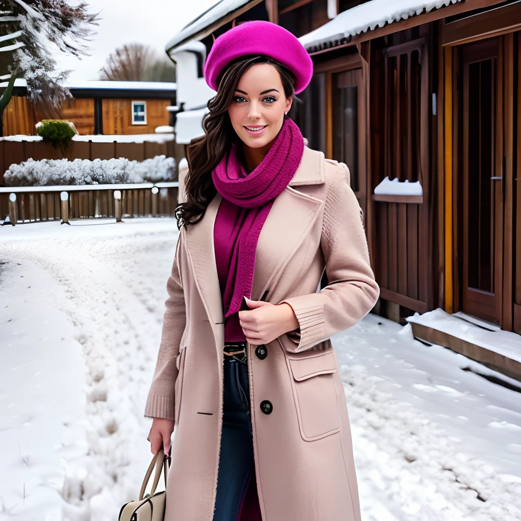 Detailed photorealistic upper body picture of Lindsey_Strutt, wearing a long wool coat a jumper a scarf and pink beret, fully clothed, perfect skin, hands on hips, accurate eyes, accurate face, fake smile smirking, alluring, stunning, windswept tangled hair, snowy