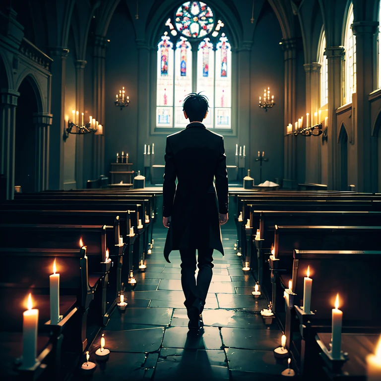 dark image, 1boy, inside a church, Pitch black room, Many candles flickering on the front, The flames are watching calmly, (back-view)