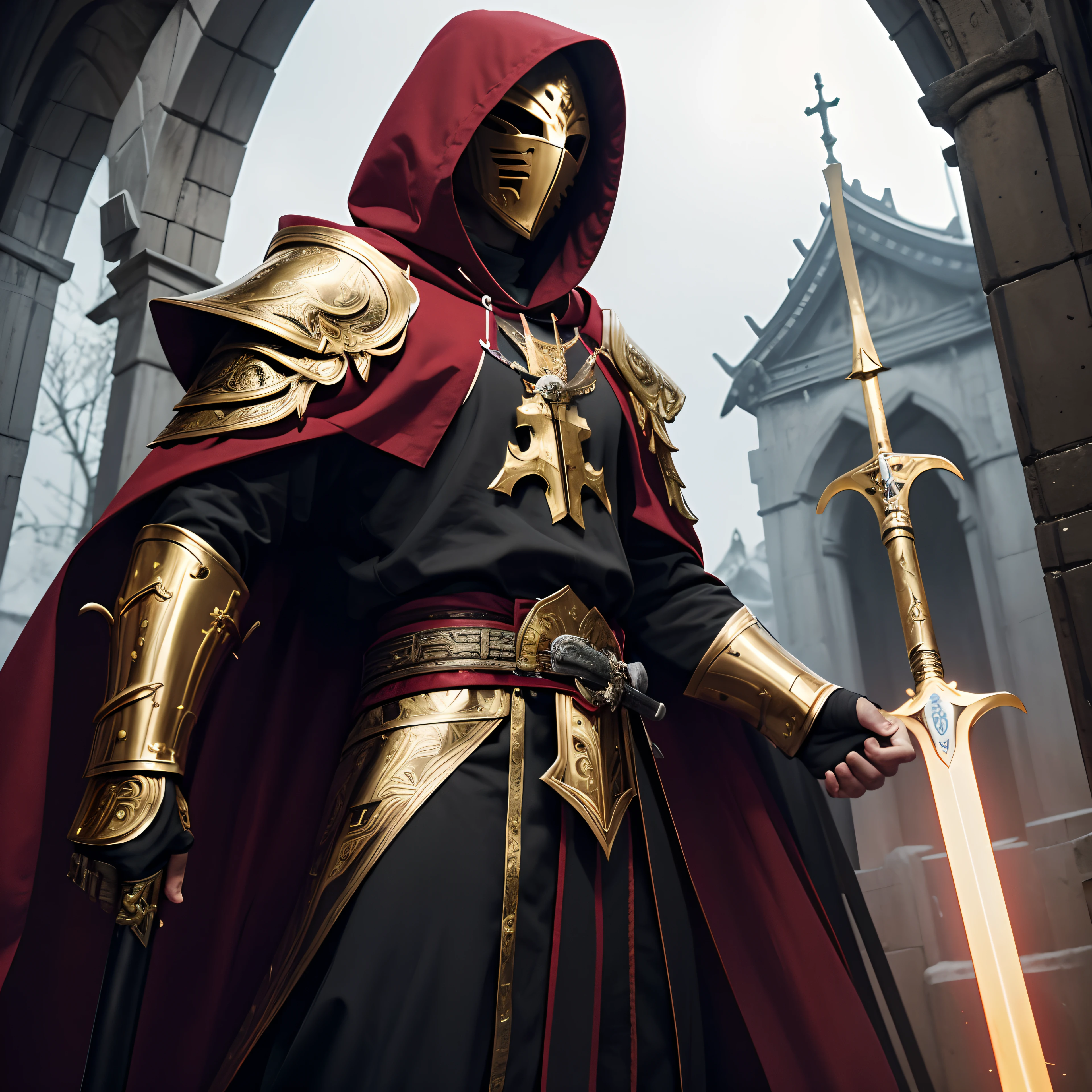 full body low angle shot of an intimidating male holy warrior with cloak with hood in gold red and white clothes using a two handed great sword, man, ritualistic mask, long coat, black eyes, low angle, highly detailed, masked