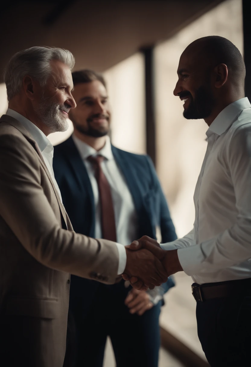 One boss shakes hands with two other bosses