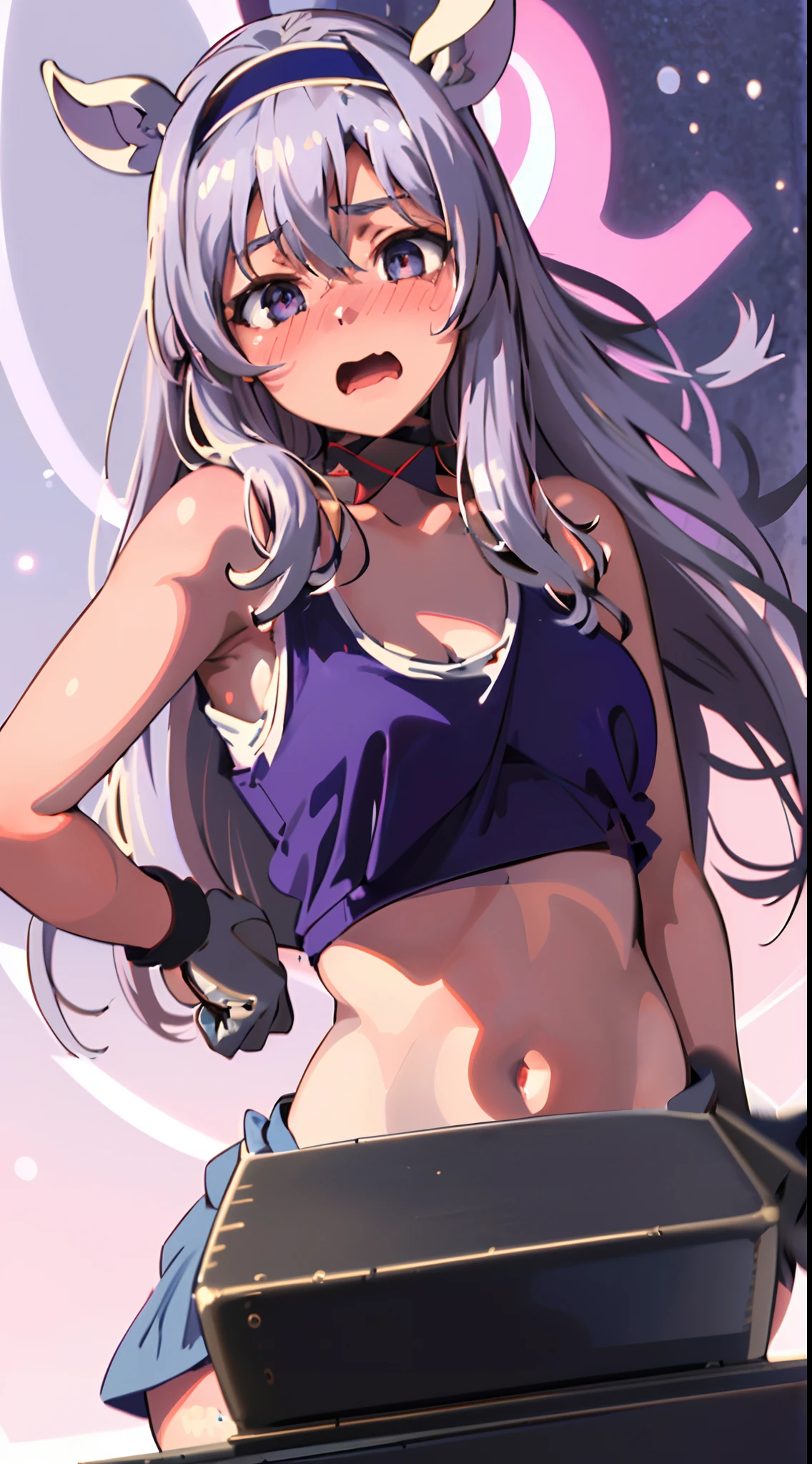 best quality, (masterpiece:1.2), detailed,
Sistine Fibel,
1girl, solo, open mouth, wavy mouth, nose blush, embarrassed, medium breasts,
long hair, grey hair, green eyes, blue hairband, animal ears, navel, gloves, (((cropped tank top, 20 years old))), (((ultra-detailed eyes))), riding  machine