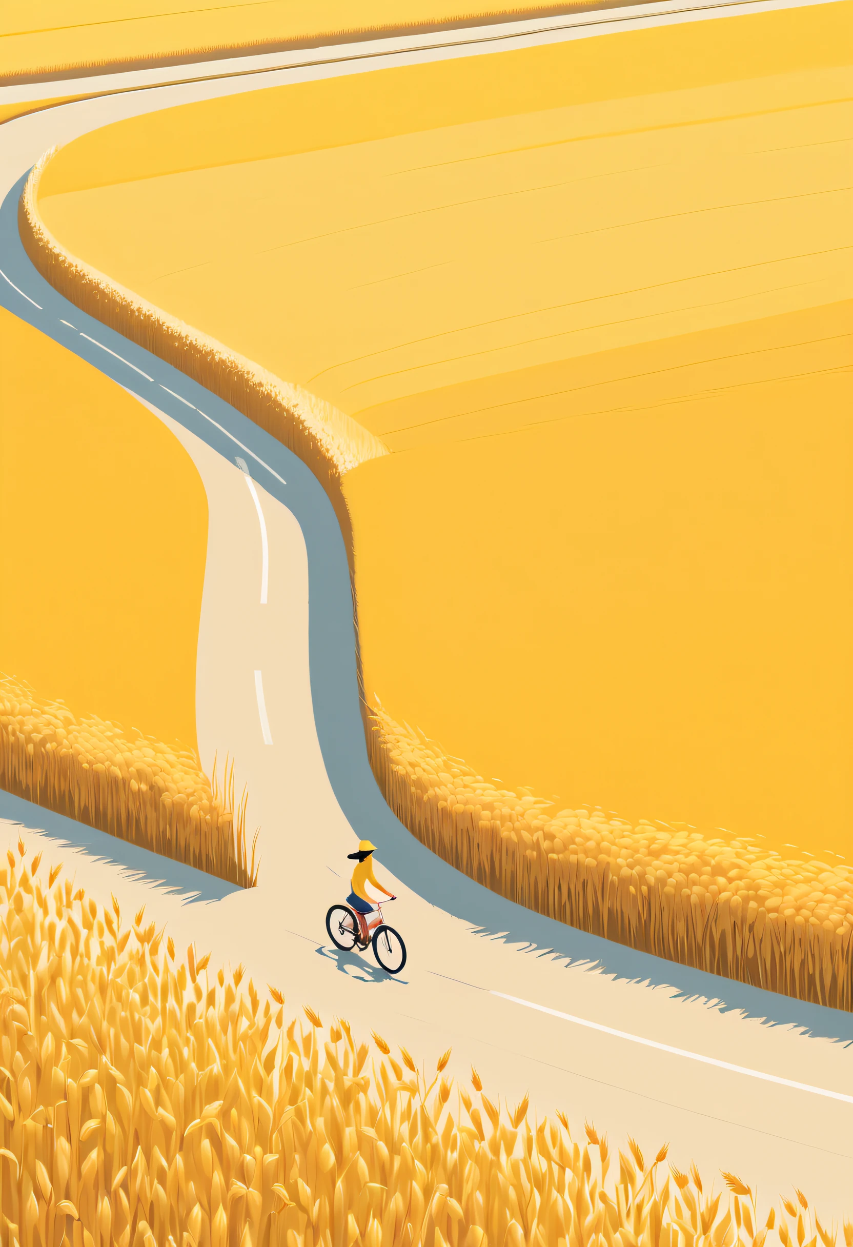 A girl riding her bike down the road in a yellow wheat field minimal illustration, minimal illustration style,, is in the style of Ryo Takemasa, bird’s eye view, award winning illustration artwork, graphic, Japanese countryside, minimal art, Ryo Takemasa style, minimal poster, minimal composition, commonwealth magazine cover. 8k,