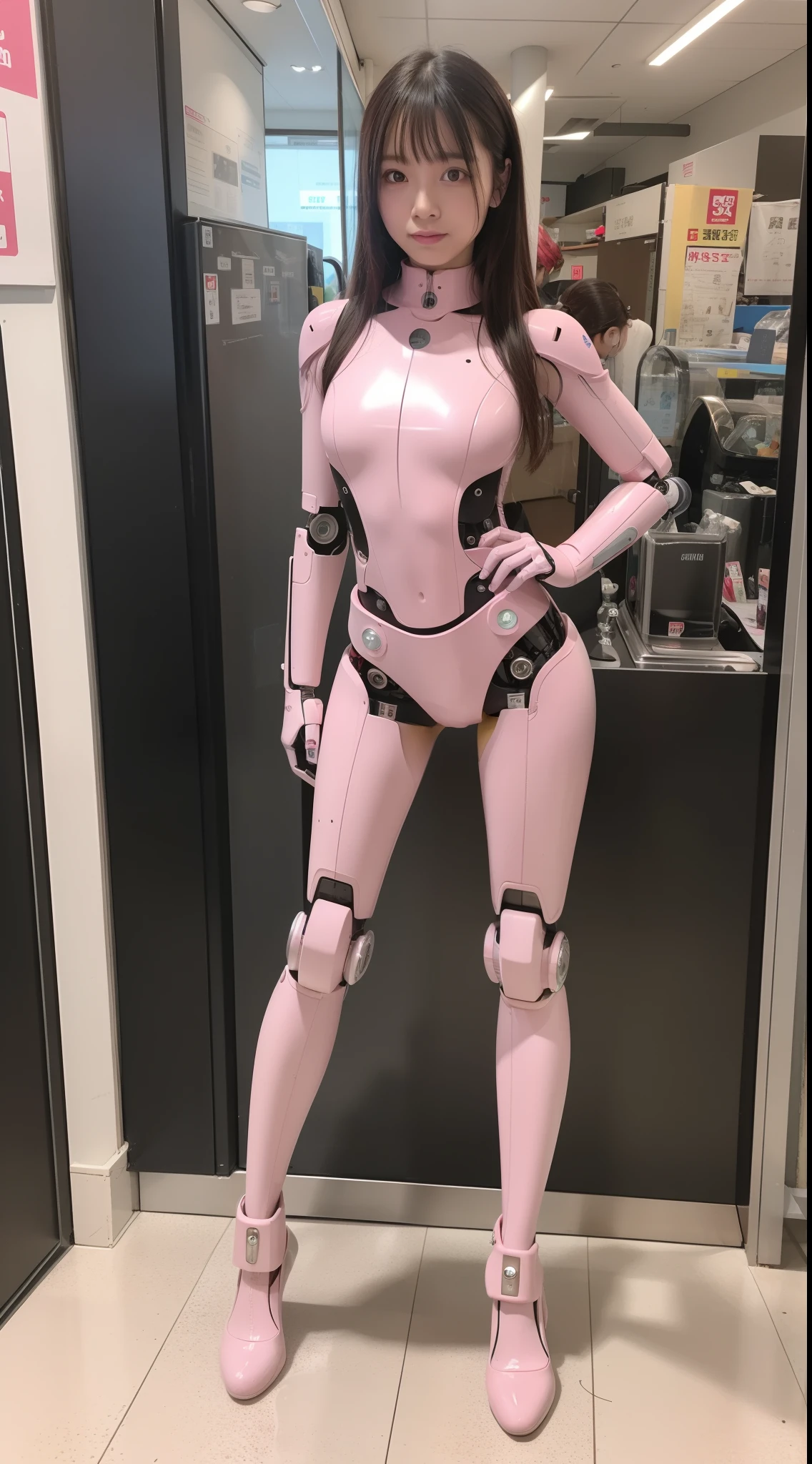 masterpiece, best quality, extremely detailed, (8K, 4K, Best Quality, Hight resolution, 超A high resolution:1.1), 8K portrait,1girl in, Japanese android girl, android teacher, control panels, android, Droid, Mechanical Hand, ,Robot arms and legs, Black hair, Mechanical body, Blunt bangs, Pink Robotics Parts, perfect robot woman, Charging spot, Long Tube, A thick cable was connected to her neck, ceramic body , android, robot humanoid, panty, full eyes, perfect mechanical body, pink robotics body, future assembly plant, Pink body, She has repaired, lack sponge joints, android assembly plant, android, laboratory, platform boots, perfect machine body, pink robot body