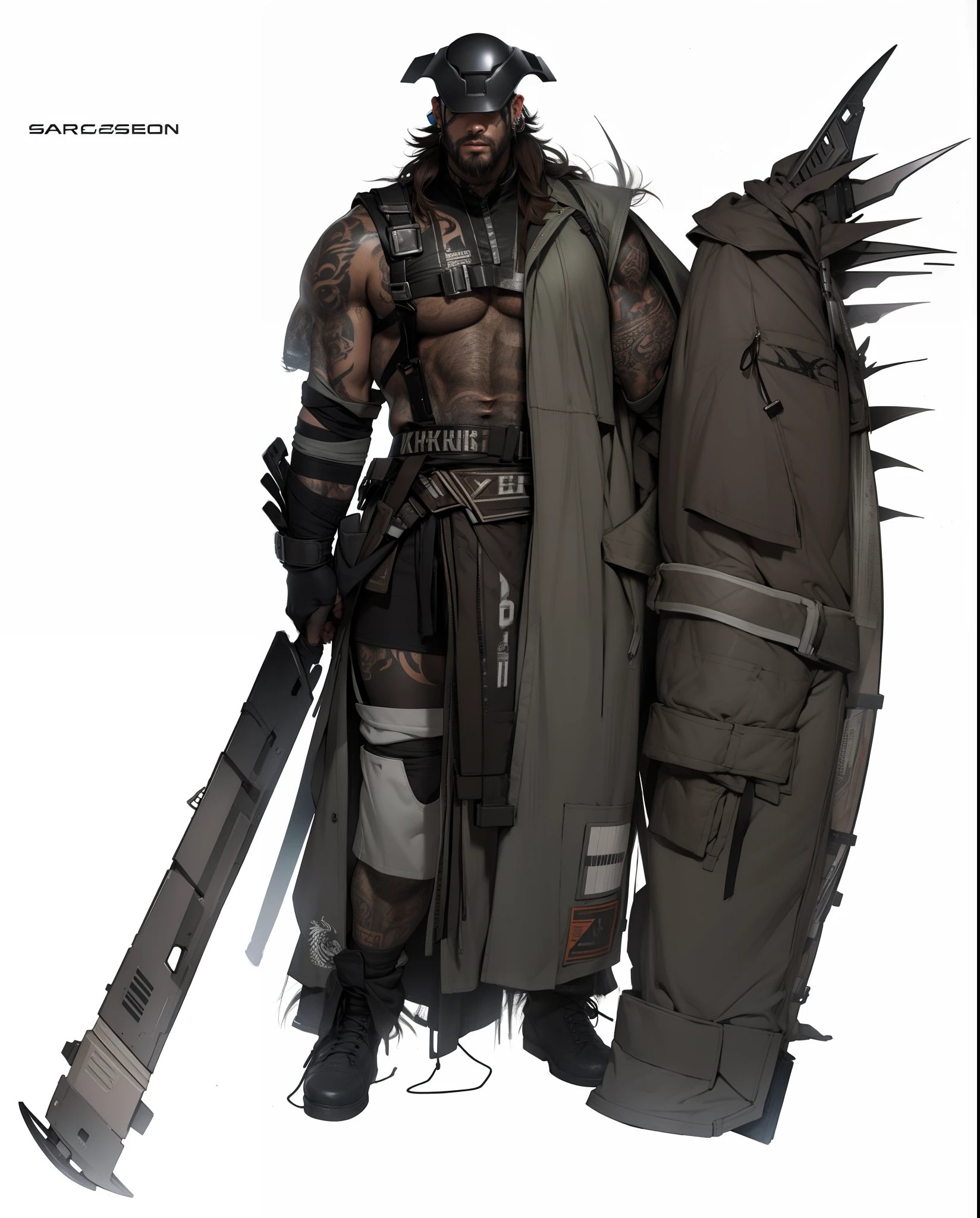 character sheet, filipino male, brown curly hair, standing, beard, slim build, helmet, socks, neon socks, butcher clothing, mullet, full body tattoos, boots, blackout tattoos, earrings, white clothing