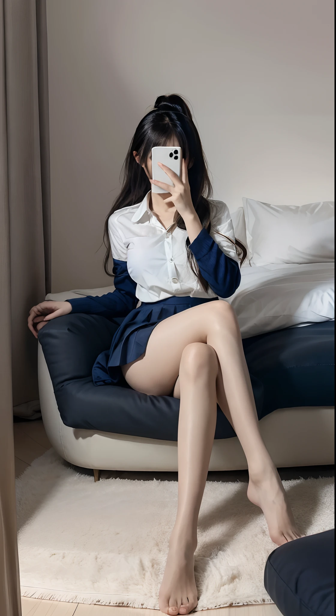 photorealistic, masterpiece, best quality, raw photo, 1girl, solo, detailed background, fine detailed, intricate detail, ray tracing, depth of field, low key, hdr, best illustrative, extremely detailed 8k cg wallpaper, short ponytail, bangs, selfie, perfect legs, selfie, phone, holding a phone, take a selfie with phone covering face, 1 girl, fully covered face, skinny, perfect fingers, white skin, large breasts, huge breasts, perfect hands, perfect arms, phone covering face, casual dress, pose, selfie pose, gesture, gesturing, full body, perfect feet, school girl, school_uniform, collared shirt, pleated skirt, dark blue skirt, micro skirt, thighhigh, thigh high, bedroom background, surrounding objects (bedroom, bed), bed background, dynamic pose, dim, dim lights, hips up, pantyshot, panty, bare feet, head of out frame, mask, facemask, wearing a facemask, covered face, bare legs, sitting on bed, crossed legs, legs up, showing body, no leg wear