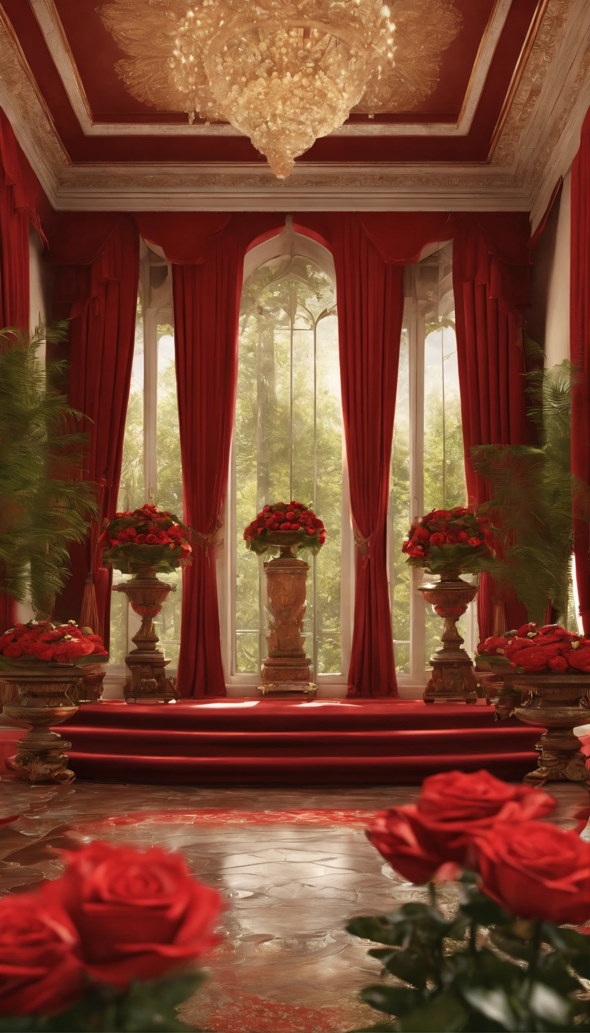 (Best quality, 32K resolution, High-res, Ultra-detailed, Photorealistic), illusory engine, A magnificent room,The floor is covered with a large number of flowers, romantic motifs, Portal for rose making, MajesticBackdrops, floral environment, Beautiful scenery, Flower beds on the floor, wallpaper aesthetic, Hyper-realistic rendering, Exquisite composition, Breathtaking wallpapers, stunning visuals, Landscape wallpaper aesthetics, Red background, elegant backdrop, red reflections, C4D render, top notch quality, RAW photo"