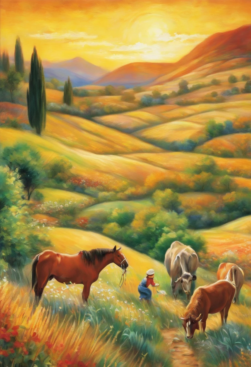 painting on cotton canvas, ((Pierre-Auguste Renoir)) "family working on the farm, ((animals)) trees, mountains, late afternoon sun" without watermark (--texture:1 clay - Glue:10%): (--grain-amount : quantity = 0.1 - 1.0): oil paint (high resolution photo art) (--high resolution), 3d, (--symmetrical - contours:2), (--perfect - proportion:2)