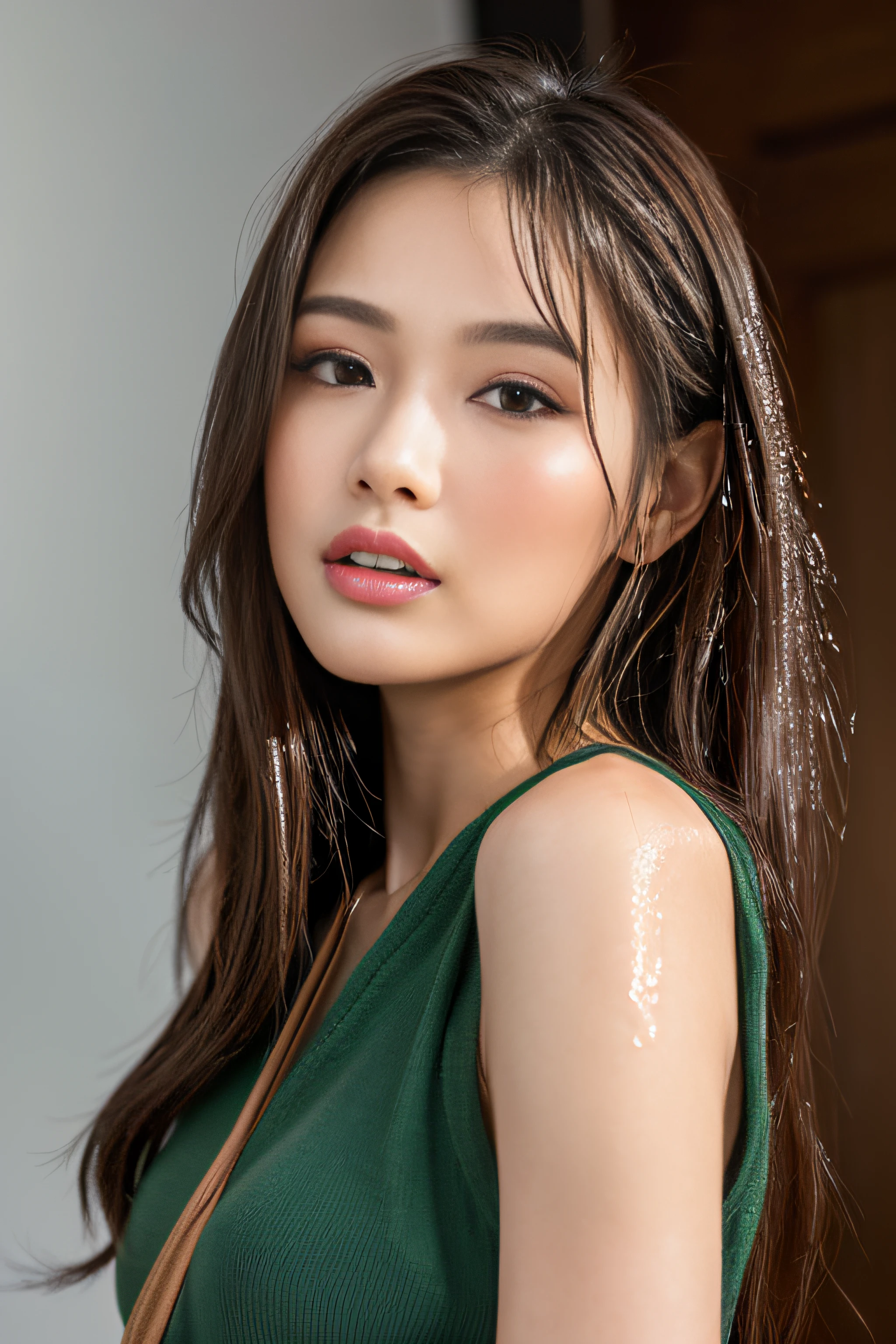 1womanl、(Super beautiful)、(beauitful face:1.5)、(Moaning at climax:1.3)、(a wet body:1.3)、japanes、25-year-old model、(sleeveless clothes)、makeup、lip stick、eye line、mascara、eyeshadows、Brown hair、(studio shoot:1.1)