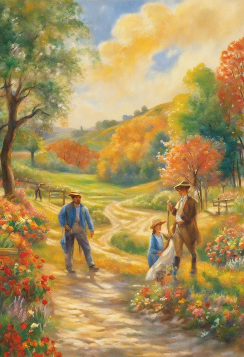painting on cotton canvas, ((Pierre-Auguste Renoir)) "family working on the farm, ((animals)) trees, mountains, late afternoon sun" without watermark (--texture:1 clay - Glue:10%): (--grain-amount : quantity = 0.1 - 1.0): oil paint (high resolution photo art) (--high resolution), 3d, (--symmetrical - contours:2), (--perfect - proportion:2)