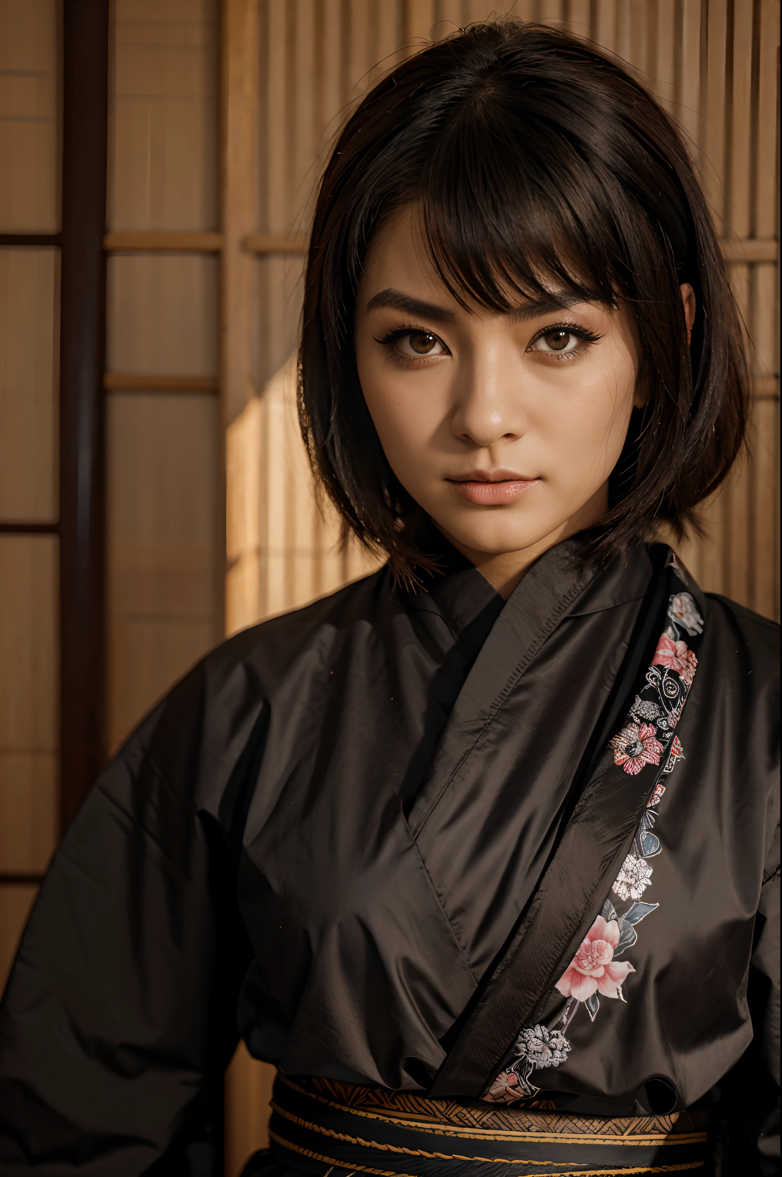Um ninja homem, portando uma katana, anoitecer, lua cheia, ninja com um kimono preto com detalhes douradors, arte unica, best quality, brown eyes, usando mascara