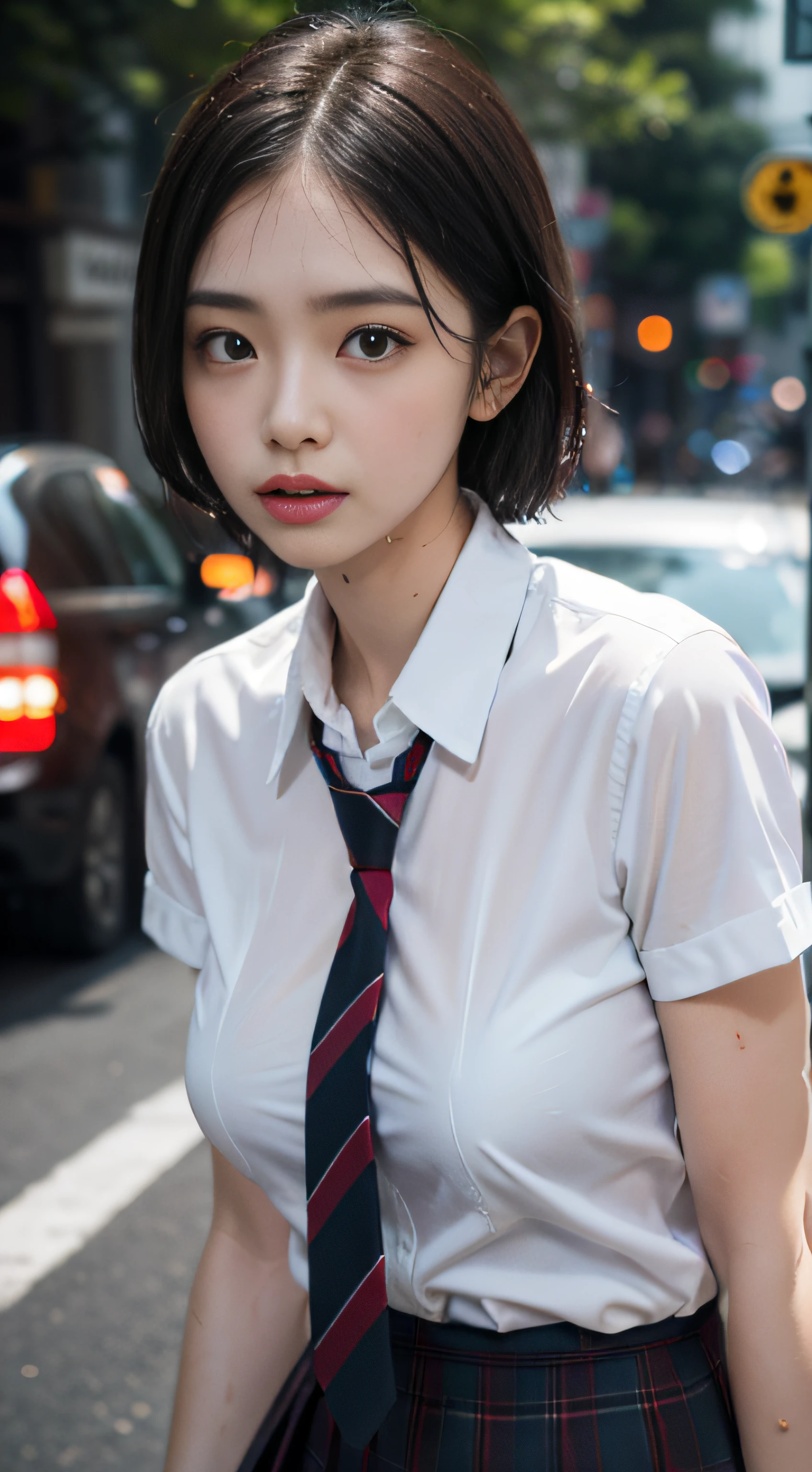 violaceaess, gardeniass, rosaceaess, (Masterpiece, Best quality:1.4), Delicate girl, Beautiful short hair, Close up, school uniform, White dress shirt, short- sleeved, dark grey pleated plaid skirt, 8K, 50mm portrait, RAW photo, absurderes, breasts focus, Large breasts, Thin arms, Very thin waist, arching back, No makeup, worried, Sophisticated, facelight, clear lighting, filmgrain, color difference, (dark red necktie:1.2), (Wet shirt:1.3), street, Bokeh, (Simple background:1.2)