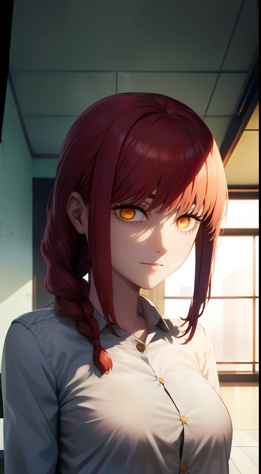 naked body, A ruined building, sexy body, beautiful breasts, waist, tmasterpiece, beste-Qualit, portraite of a, a 1girl,makima \(chainsaw man\), 独奏, standingn, redhead hair, hairlong, braided, (bright glowing eyes: 1.4), (golden eyes: 1.3), dilated pupils, quiff, Average Breasts, white shirt, tie, opinion, ssmile, looking a viewer, (interview:1.3), hight resolution, (facial focus:1.4), (gaze at the viewer:1.15), (black backdrop,)